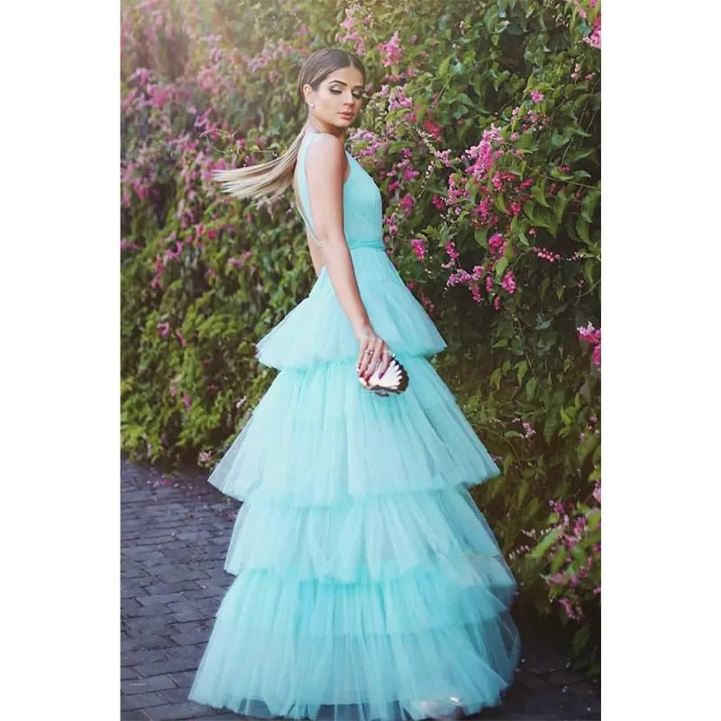 A-line Attractive V-neck Tulle Tiered Long Prom Dress Formal Evening Gowns