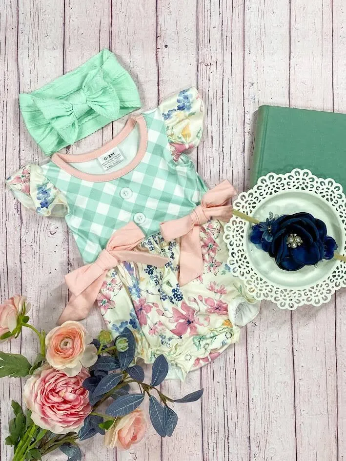 Aqua & Floral with Bows Romper