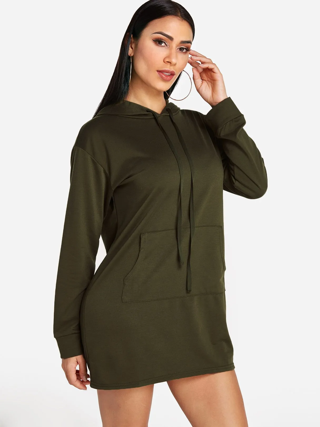 Army Green Pullover Long Sleeve Plain Side Pockets Hooded Shirt Dress
