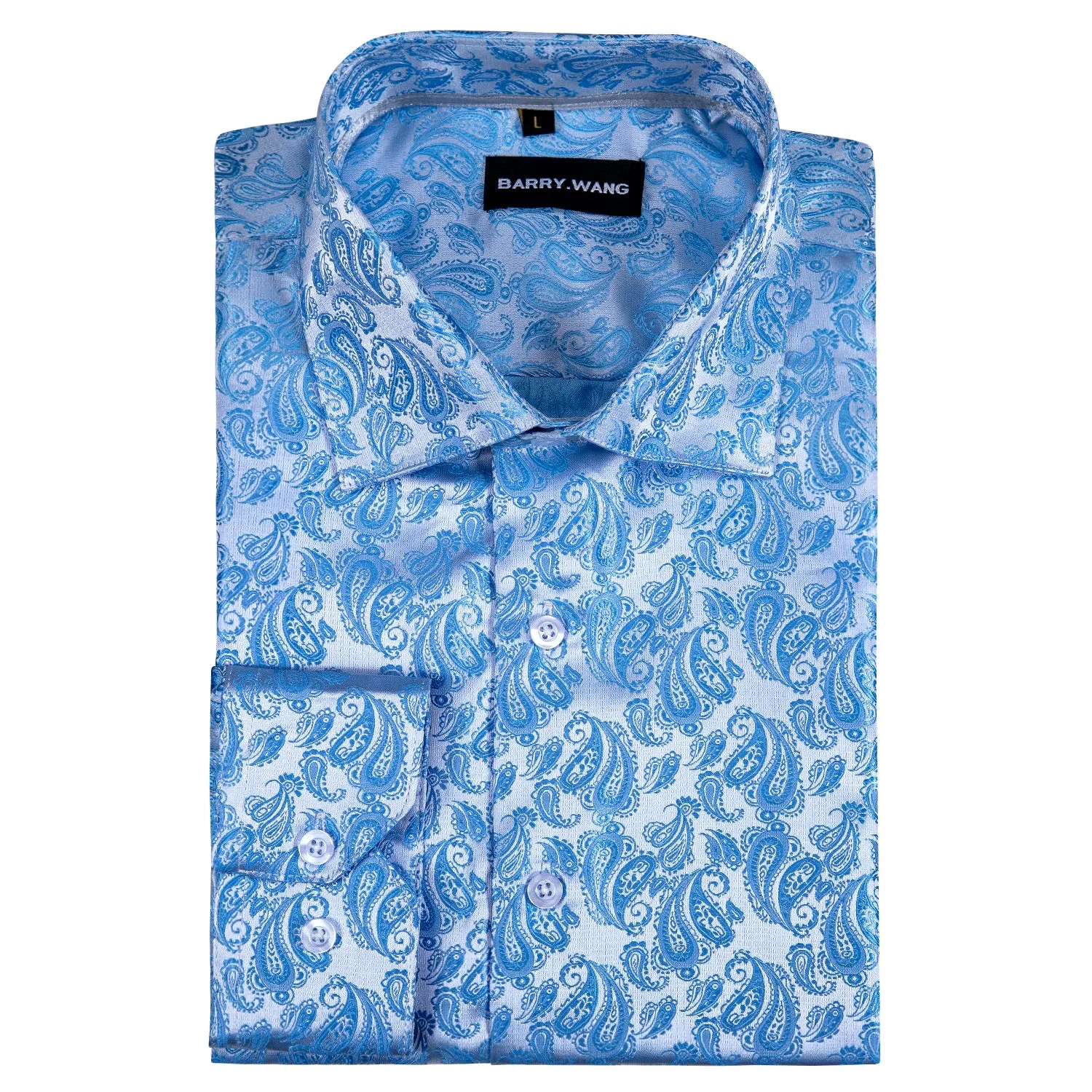 Barry Wang Button Down Shirt Light Blue Paisley Silk Men's Long Sleeve Shirt