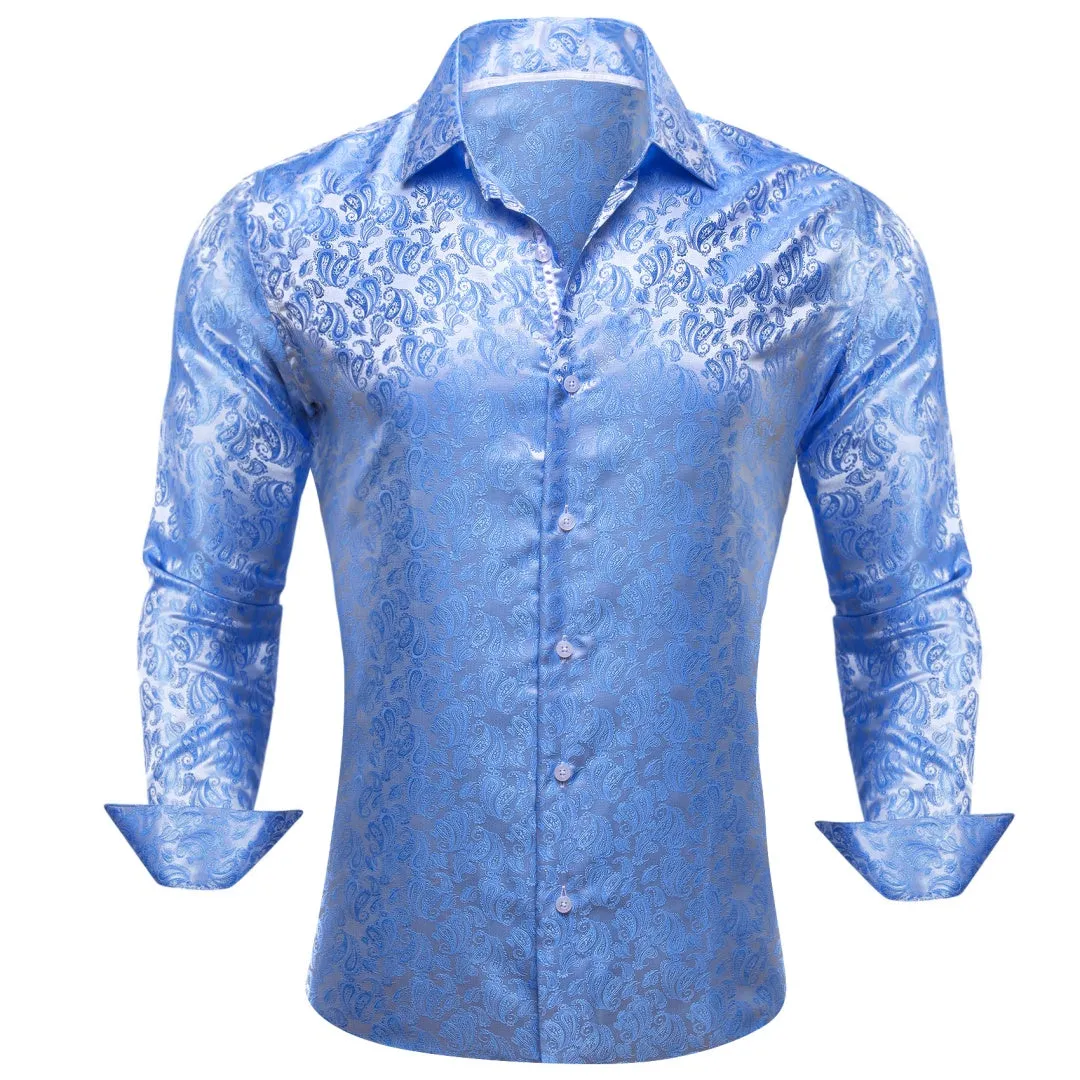 Barry Wang Button Down Shirt Light Blue Paisley Silk Men's Long Sleeve Shirt