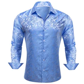 Barry Wang Button Down Shirt Light Blue Paisley Silk Men's Long Sleeve Shirt