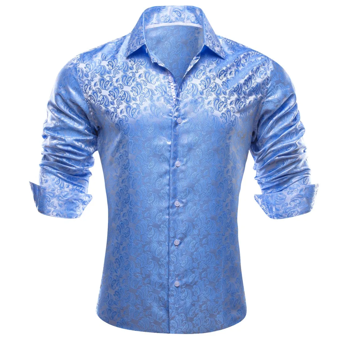 Barry Wang Button Down Shirt Light Blue Paisley Silk Men's Long Sleeve Shirt