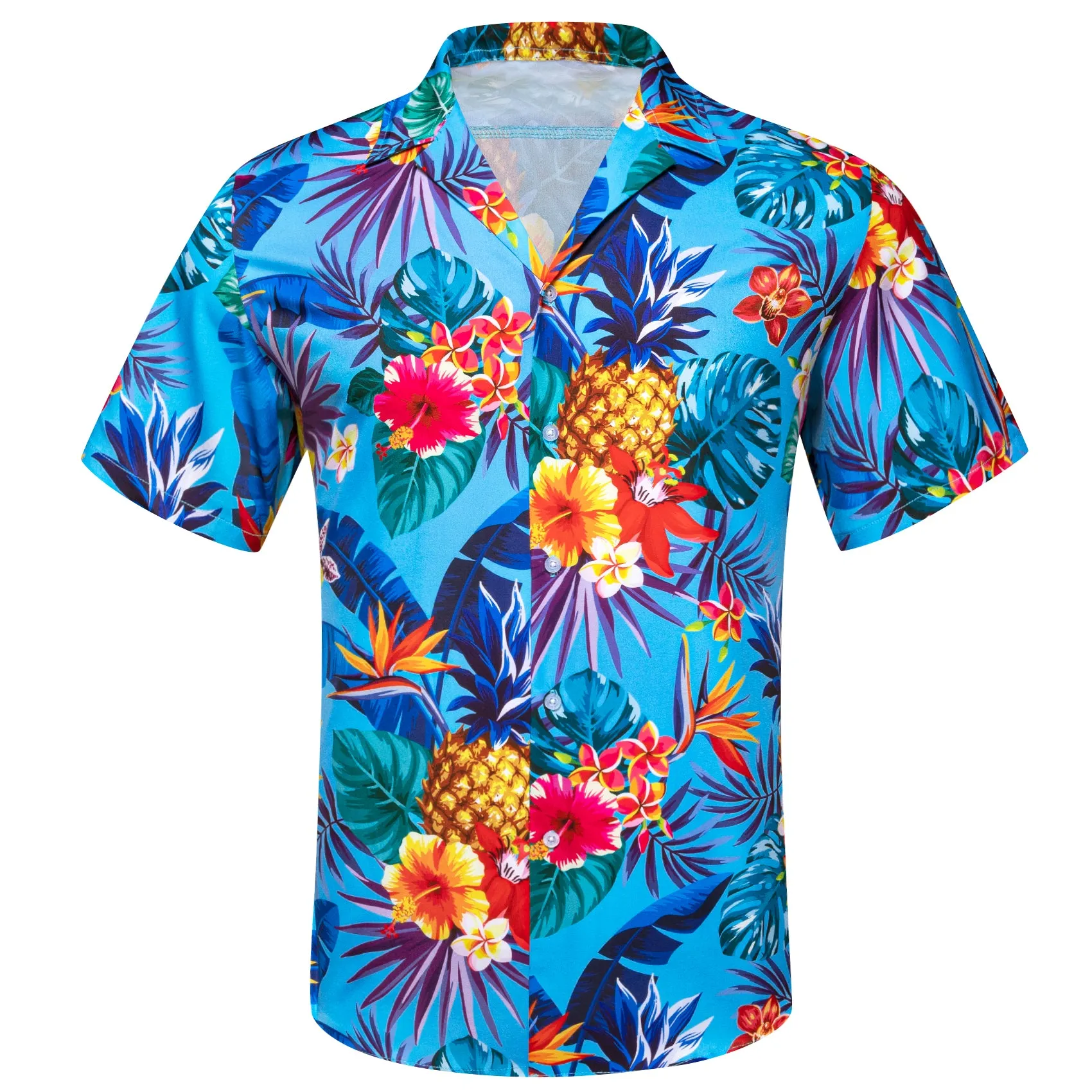 Barry Wang Hawaiian Shirts Men's Blue Flower Floral Pattern Short Sleeve Top