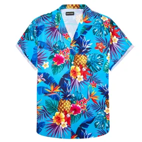 Barry Wang Hawaiian Shirts Men's Blue Flower Floral Pattern Short Sleeve Top