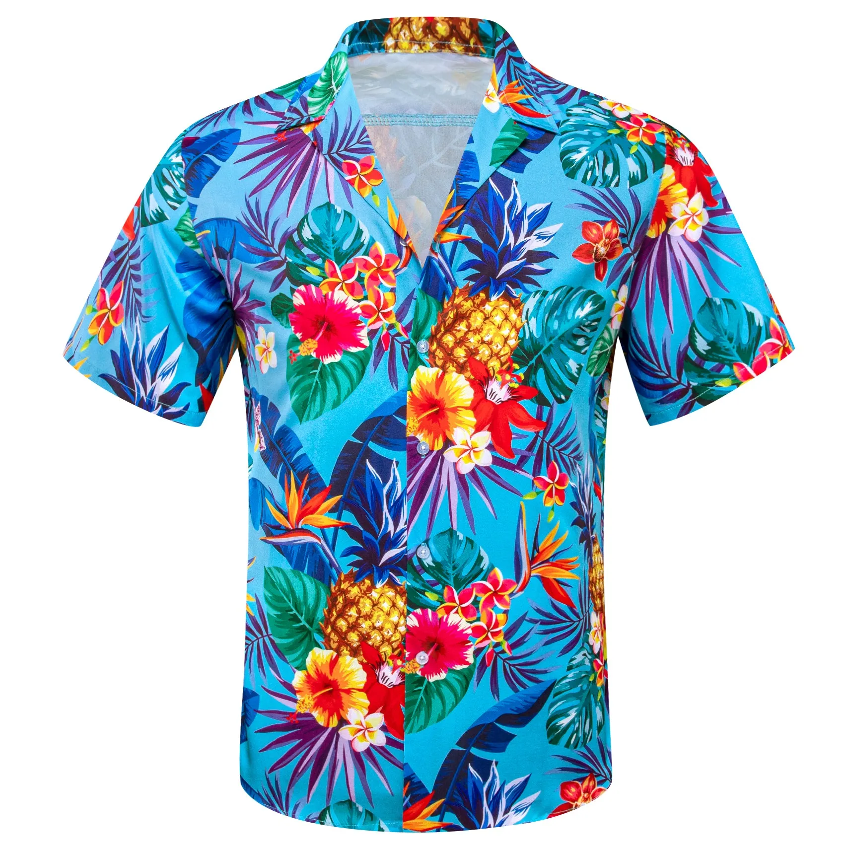 Barry Wang Hawaiian Shirts Men's Blue Flower Floral Pattern Short Sleeve Top