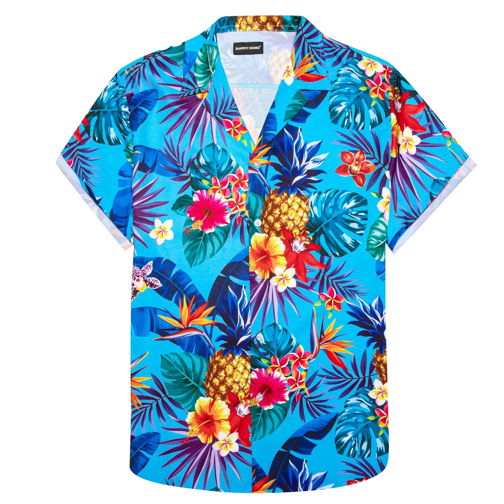 Barry Wang Hawaiian Shirts Men's Blue Flower Floral Pattern Short Sleeve Top