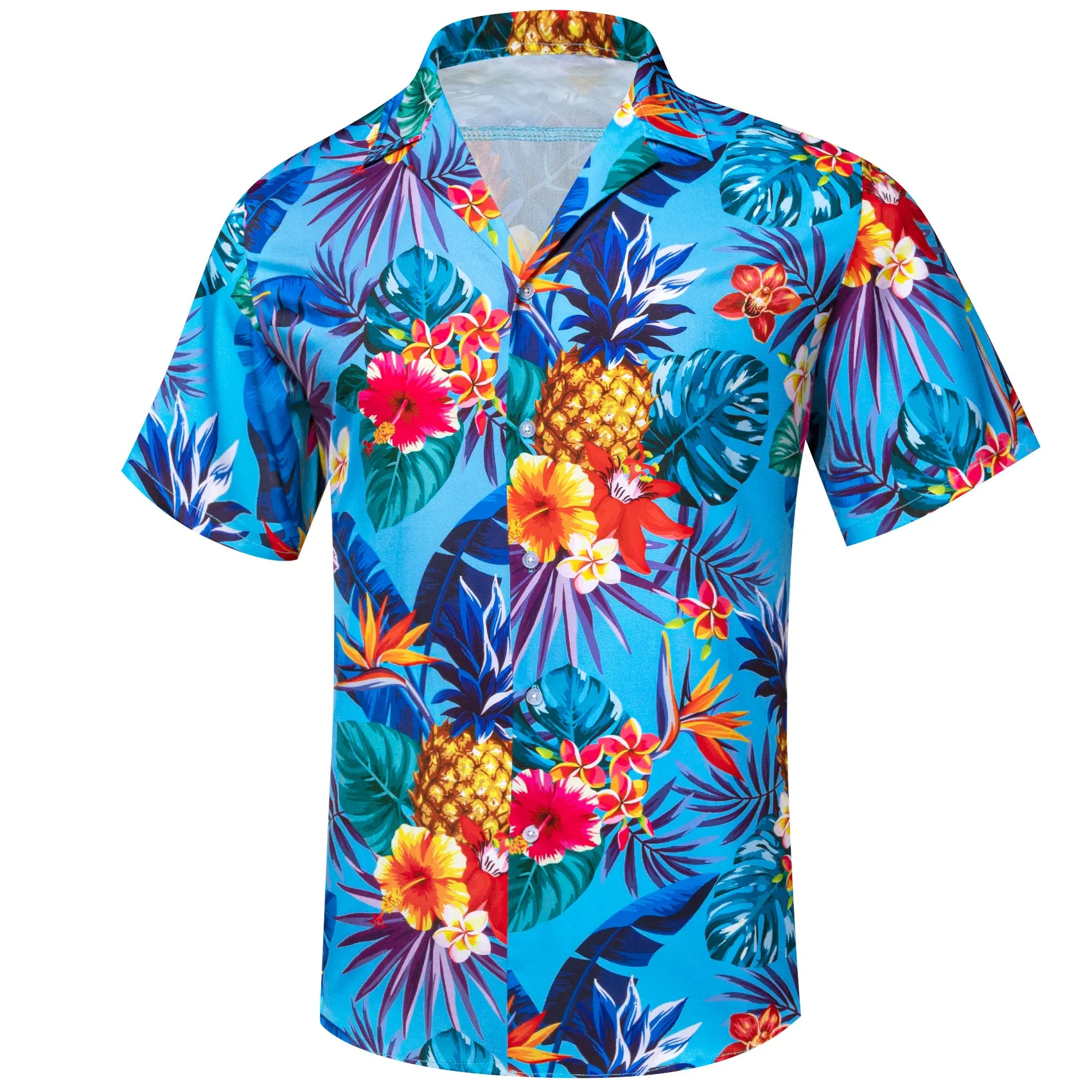 Barry Wang Hawaiian Shirts Men's Blue Flower Floral Pattern Short Sleeve Top