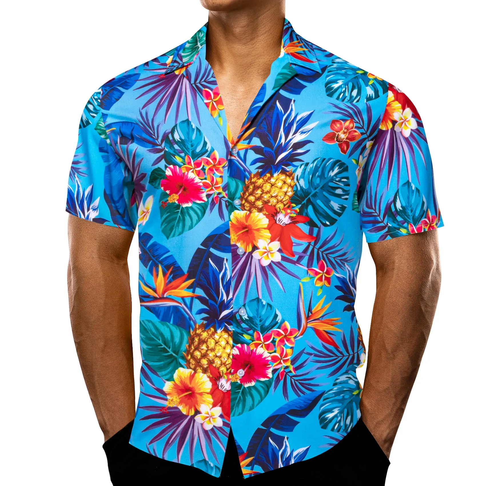 Barry Wang Hawaiian Shirts Men's Blue Flower Floral Pattern Short Sleeve Top