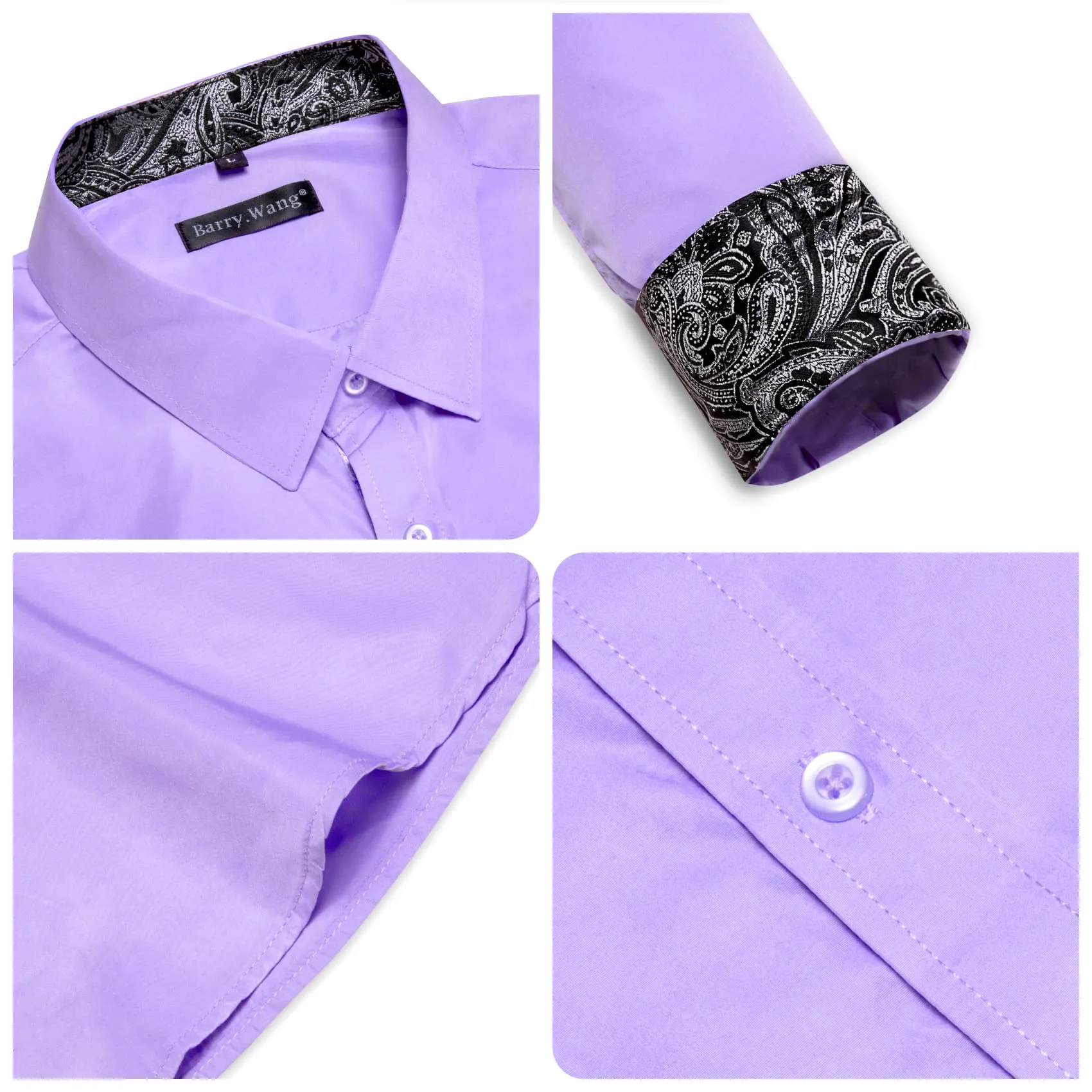 Barry Wang Plum Purple Patchwork Black Paisley Cuffs Button Up Shirt