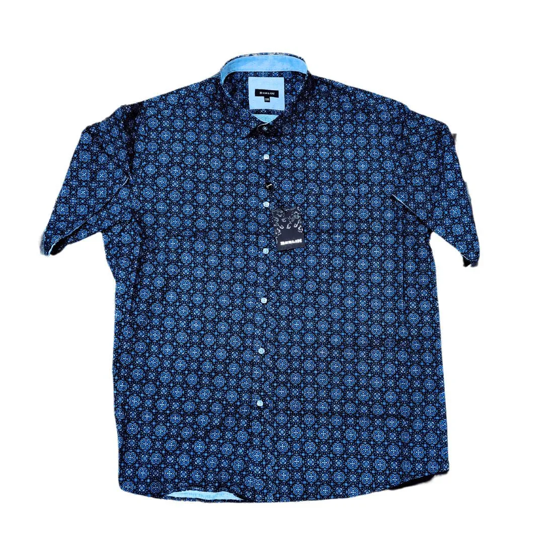Berlin S374 S/S Diamond Print Shirt - Navy