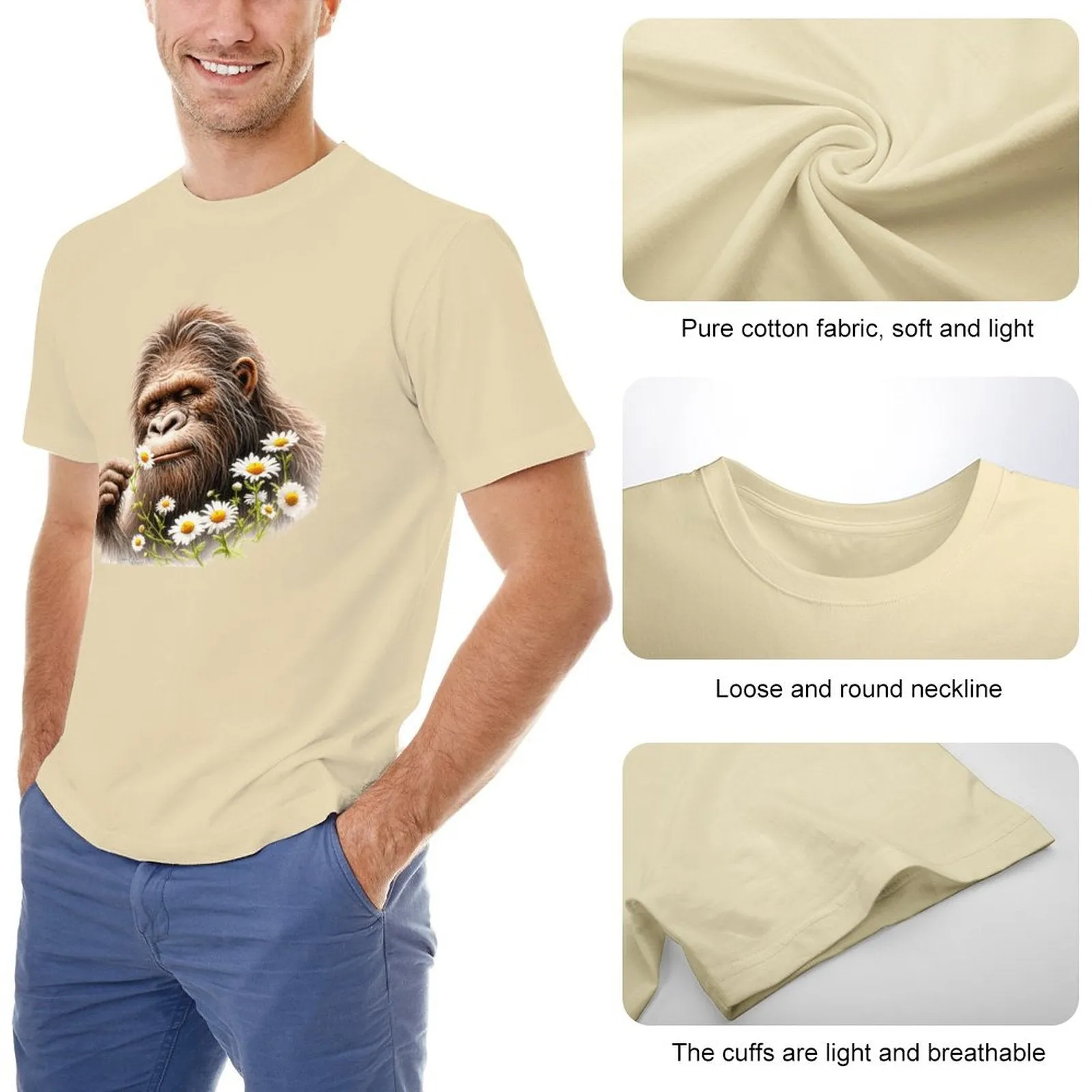 Bigfoot, Sasquatch, Daisies, Short Sleeve Cotton T-shirt