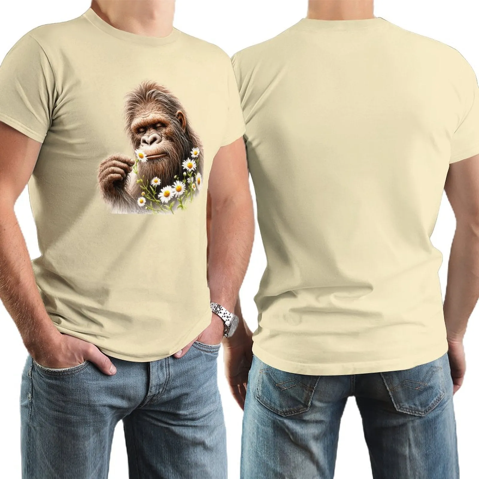 Bigfoot, Sasquatch, Daisies, Short Sleeve Cotton T-shirt
