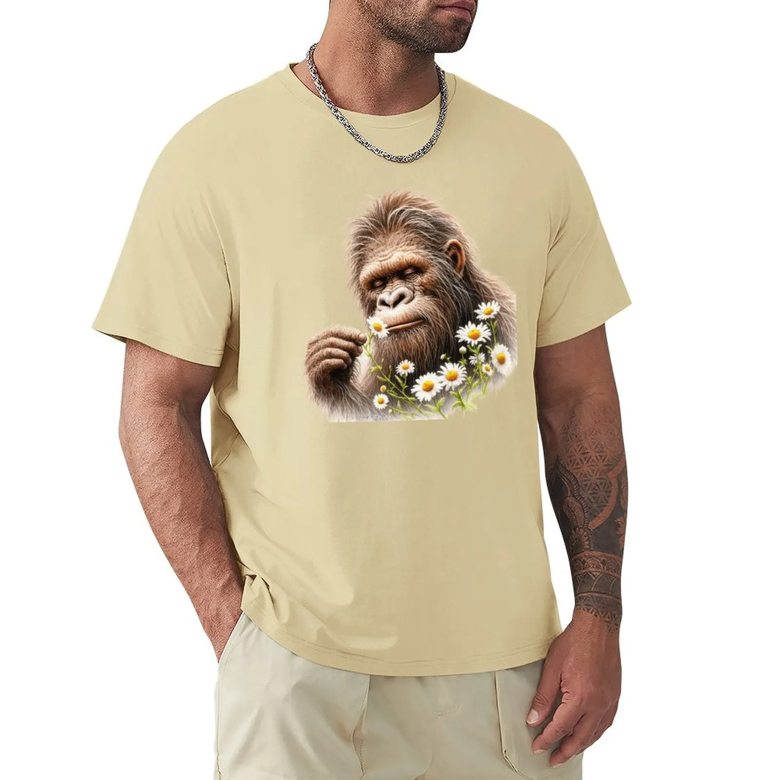 Bigfoot, Sasquatch, Daisies, Short Sleeve Cotton T-shirt