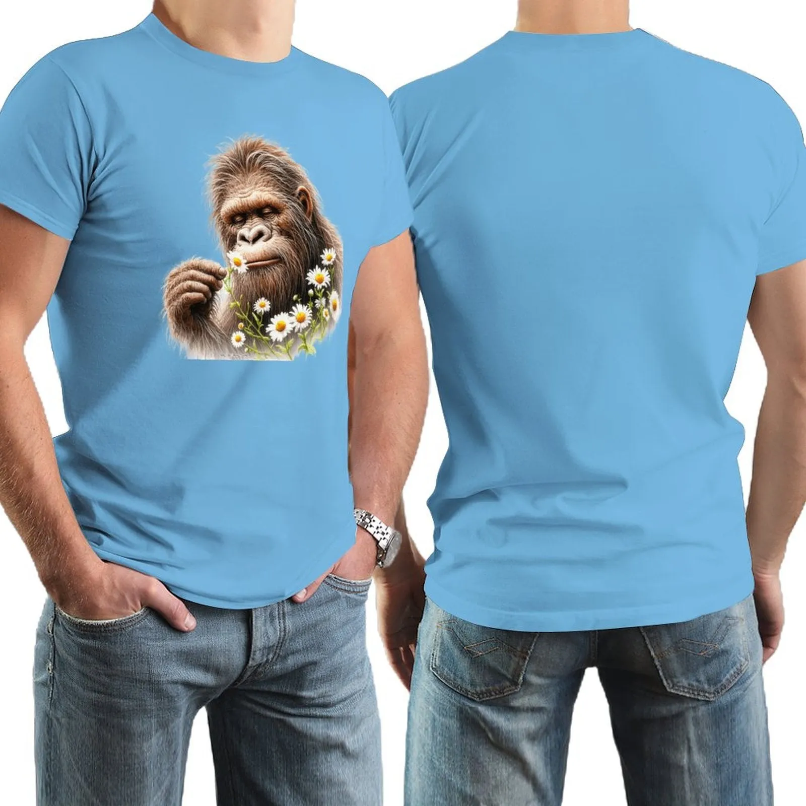 Bigfoot, Sasquatch, Daisies, Short Sleeve Cotton T-shirt
