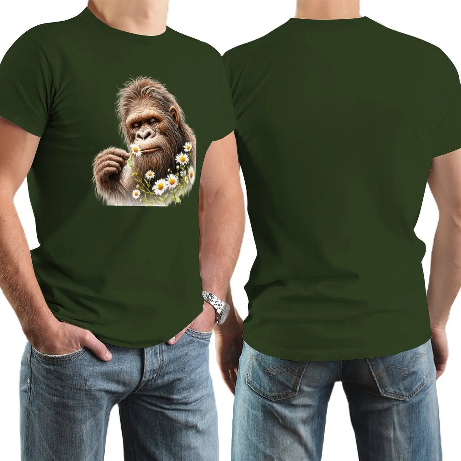 Bigfoot, Sasquatch, Daisies, Short Sleeve Cotton T-shirt