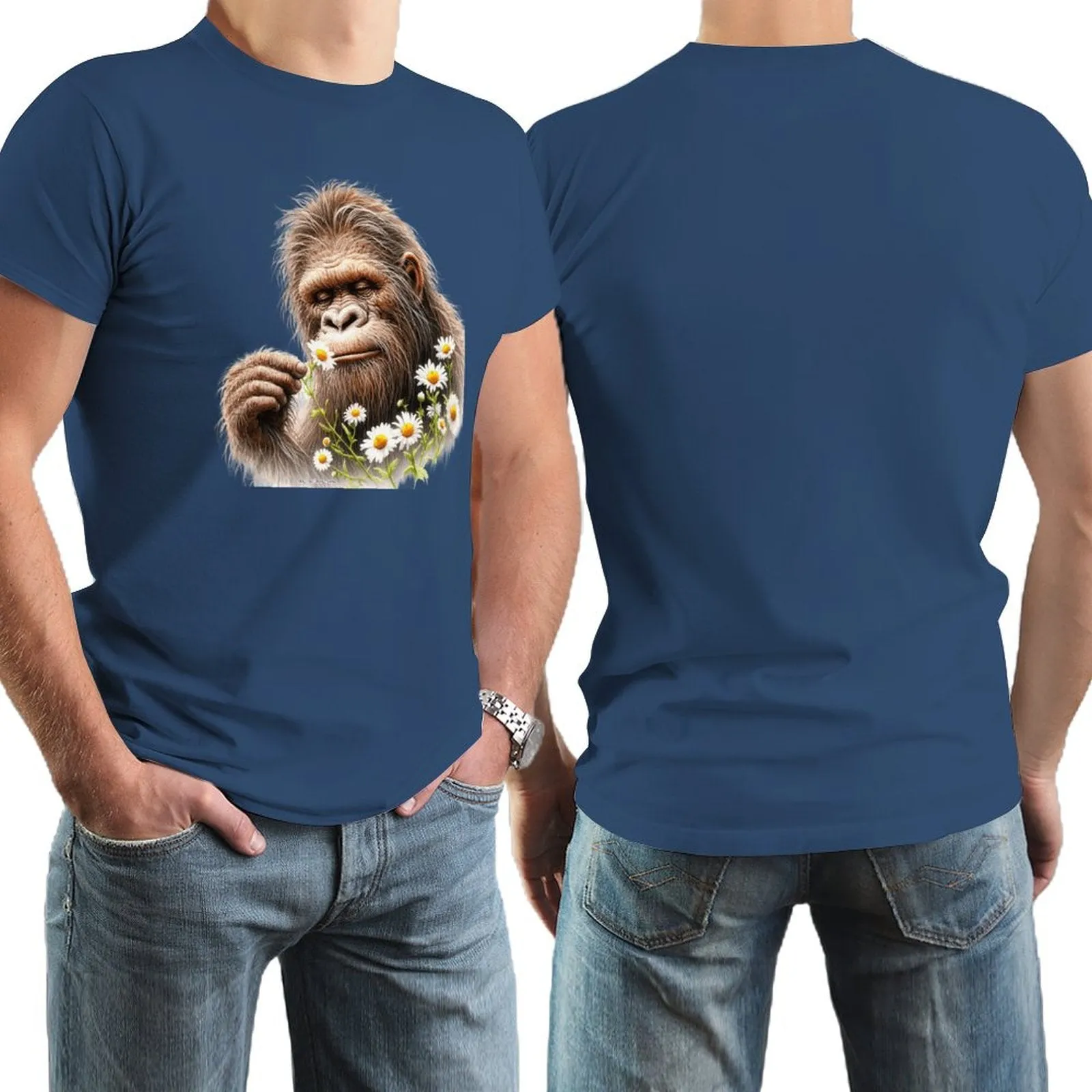 Bigfoot, Sasquatch, Daisies, Short Sleeve Cotton T-shirt