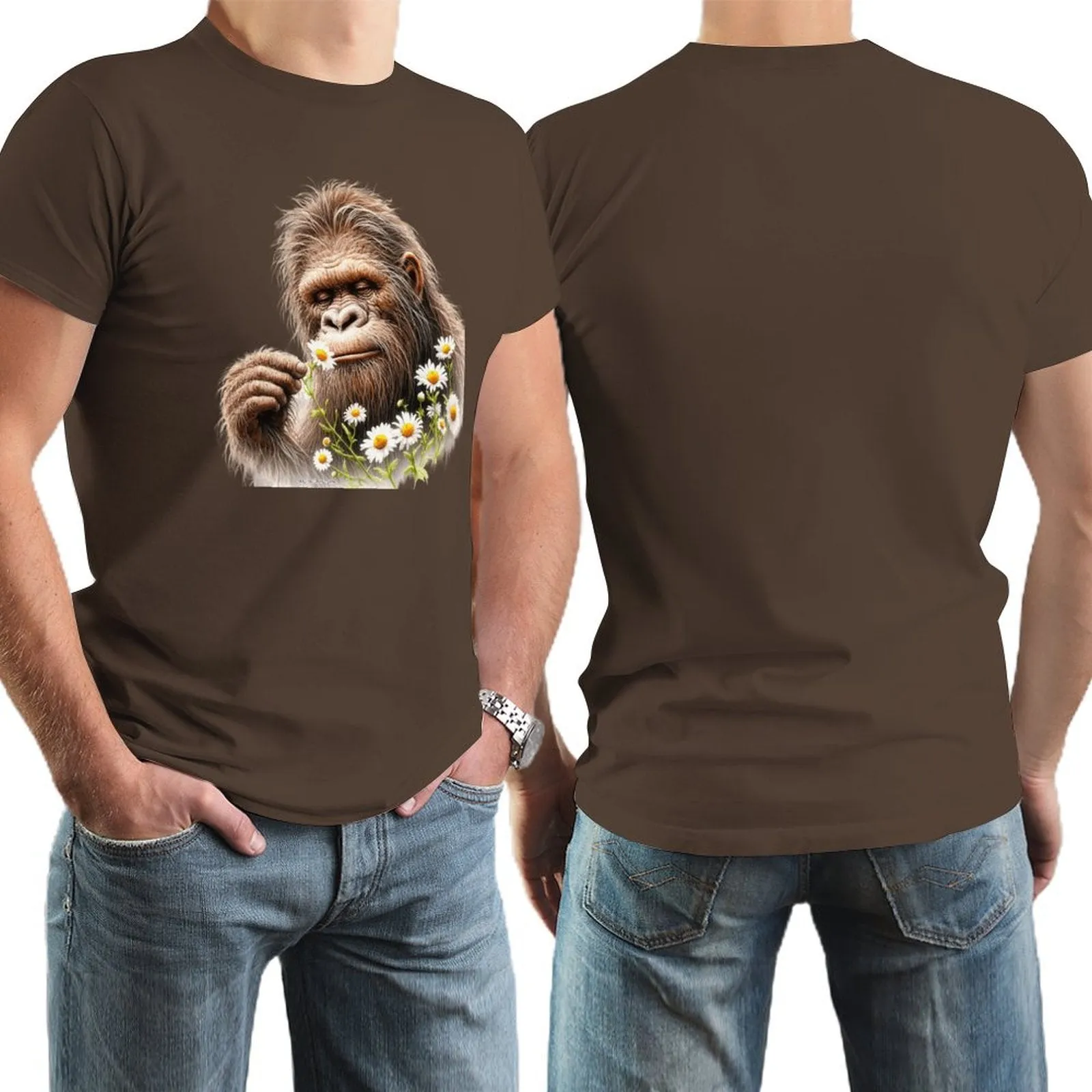 Bigfoot, Sasquatch, Daisies, Short Sleeve Cotton T-shirt