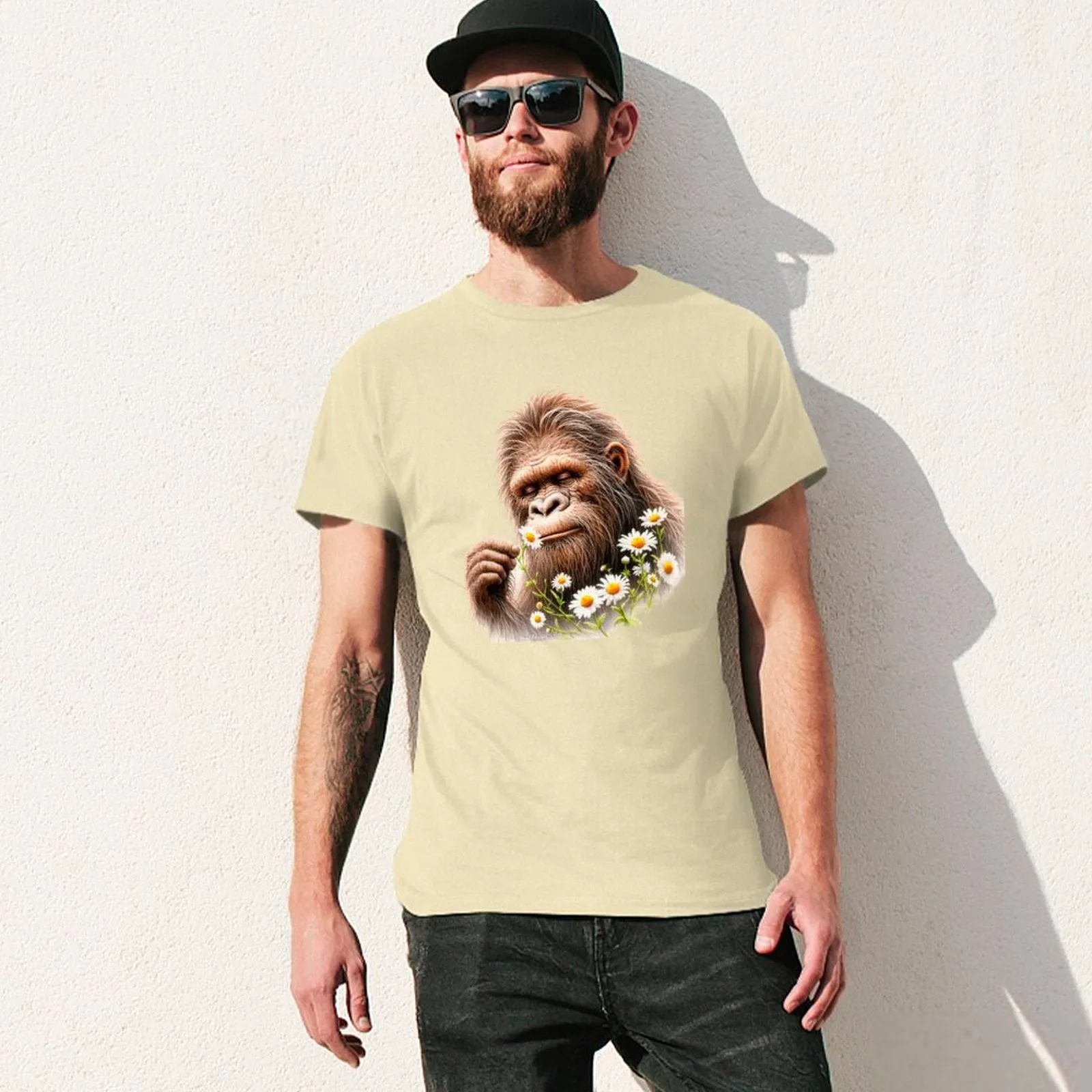 Bigfoot, Sasquatch, Daisies, Short Sleeve Cotton T-shirt
