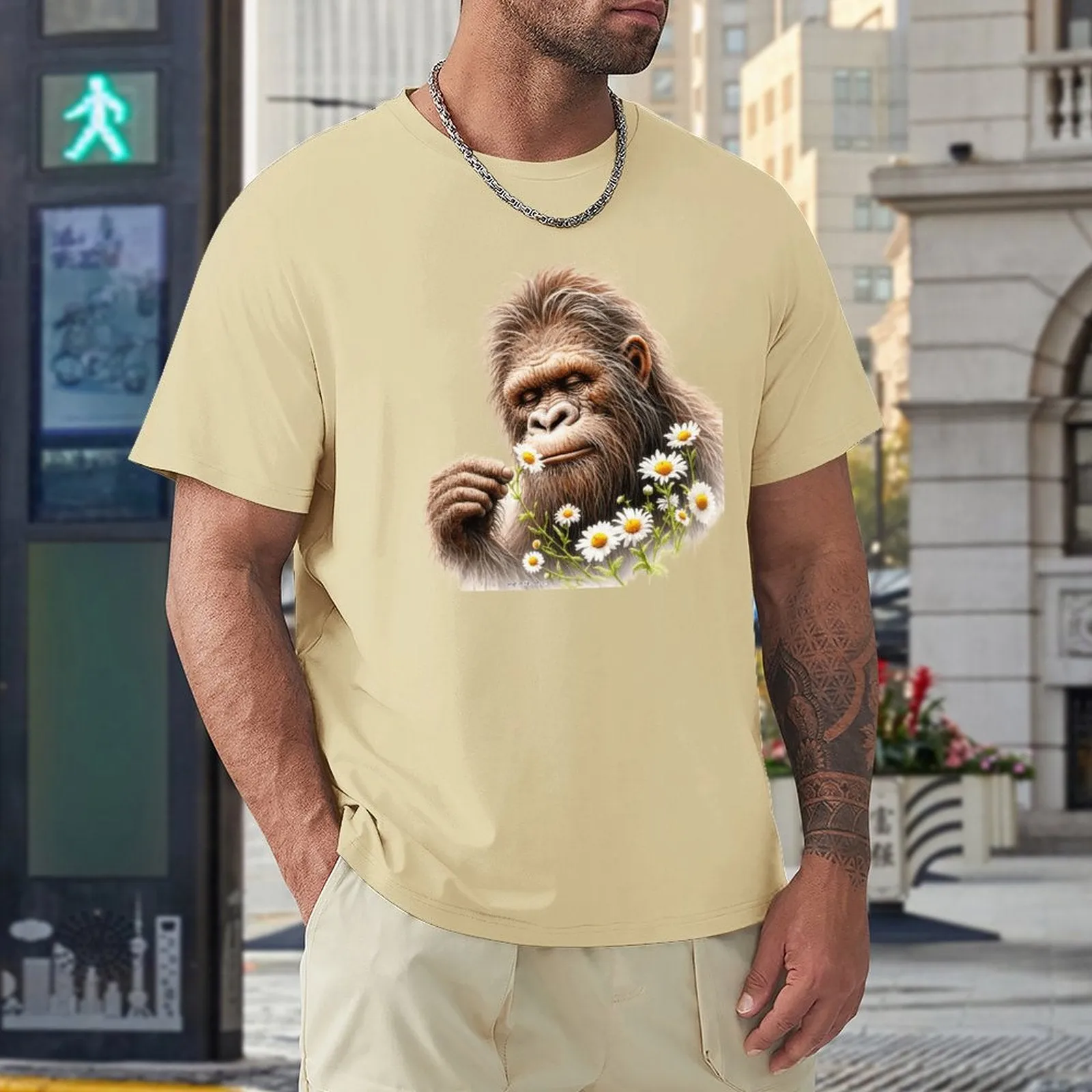 Bigfoot, Sasquatch, Daisies, Short Sleeve Cotton T-shirt