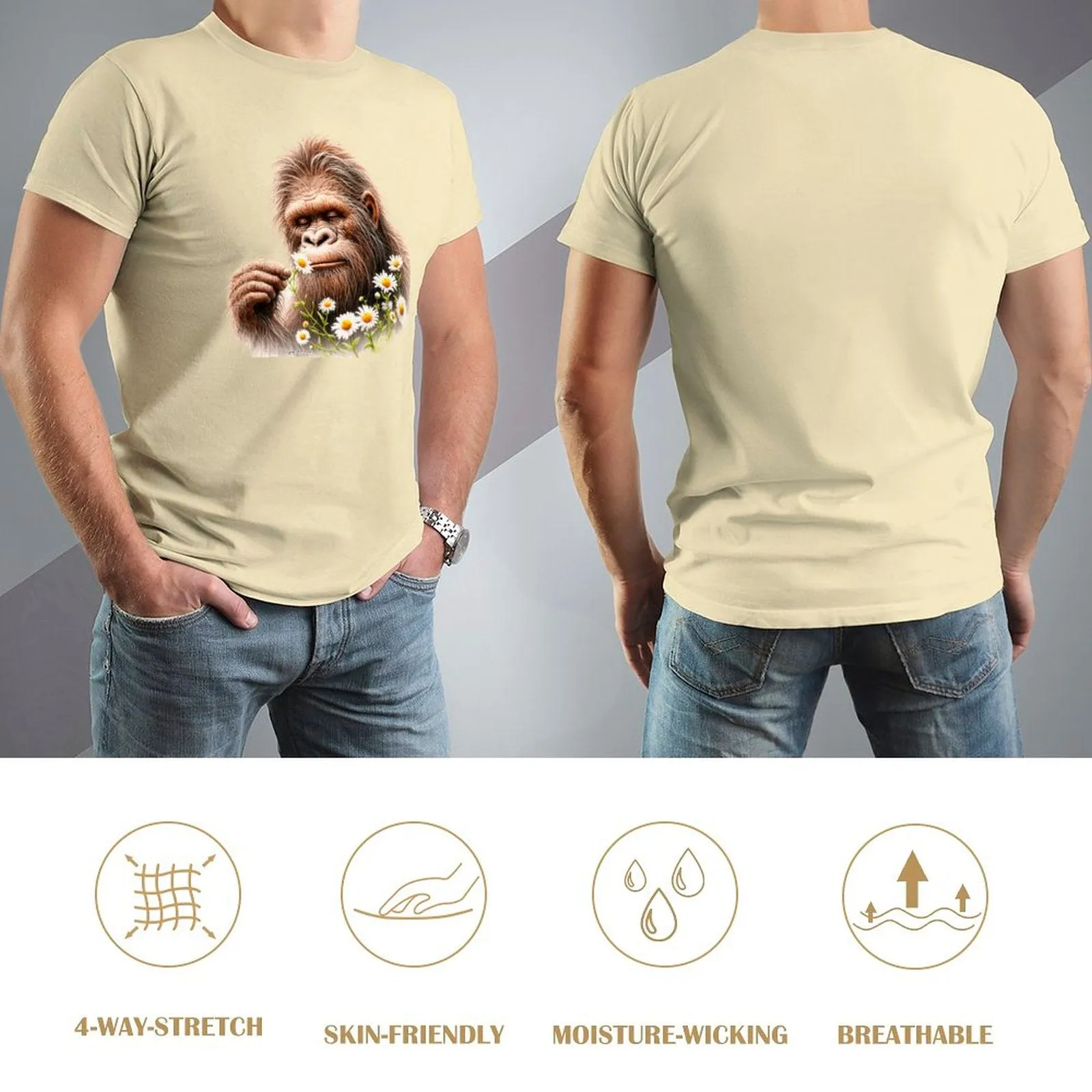 Bigfoot, Sasquatch, Daisies, Short Sleeve Cotton T-shirt
