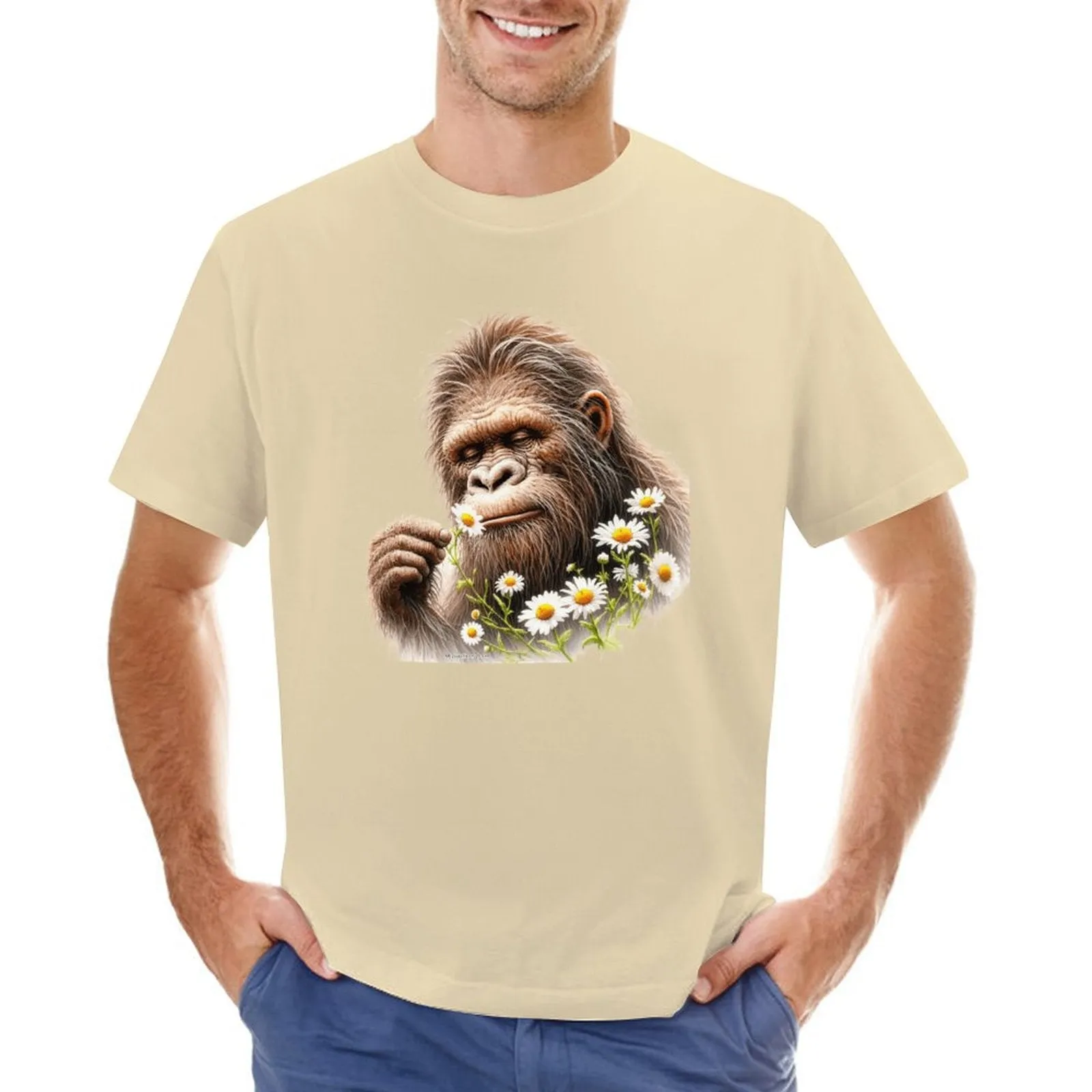 Bigfoot, Sasquatch, Daisies, Short Sleeve Cotton T-shirt