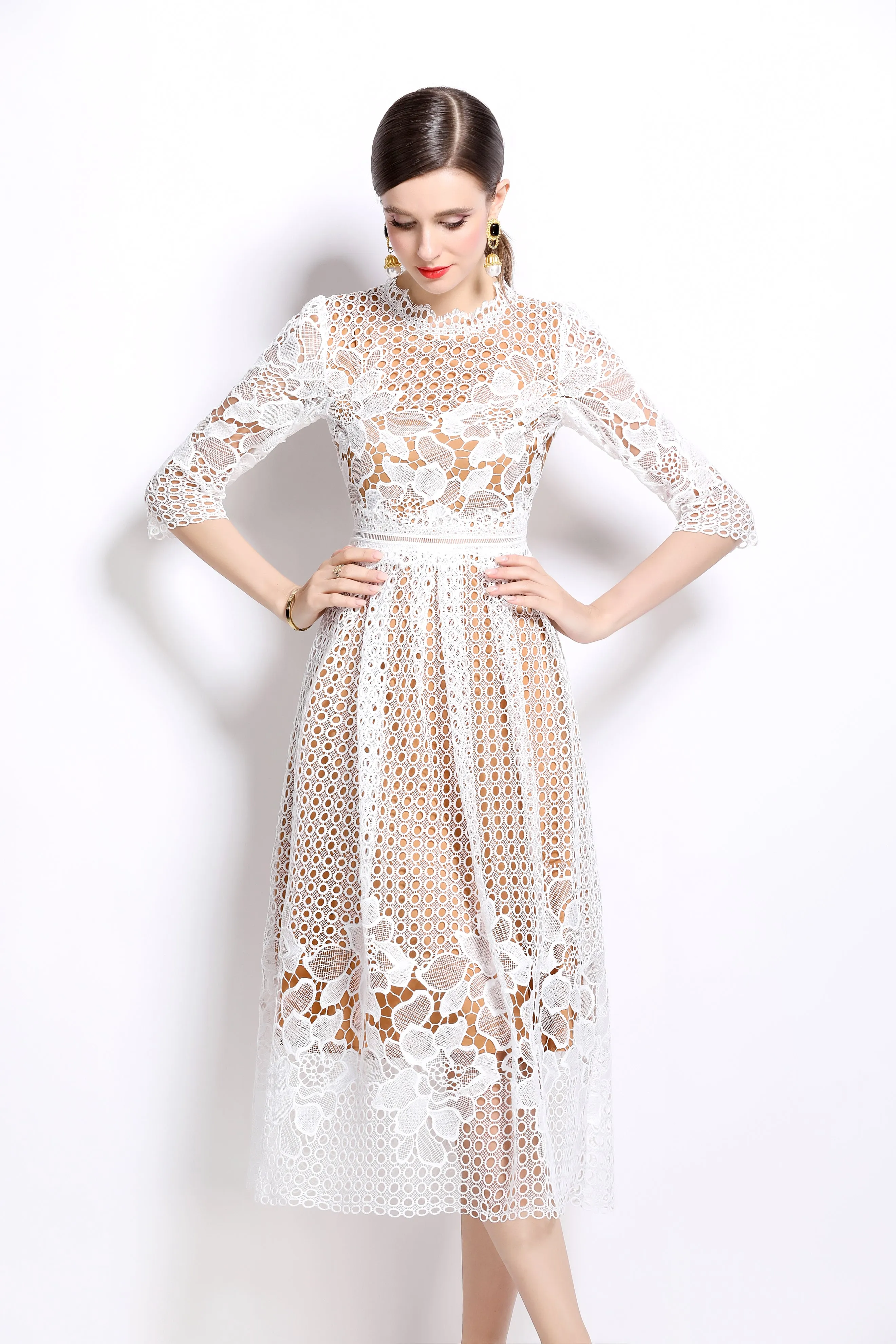 BK-Womens Floral Lace Hollow Crochet Waist Cocktail Dress