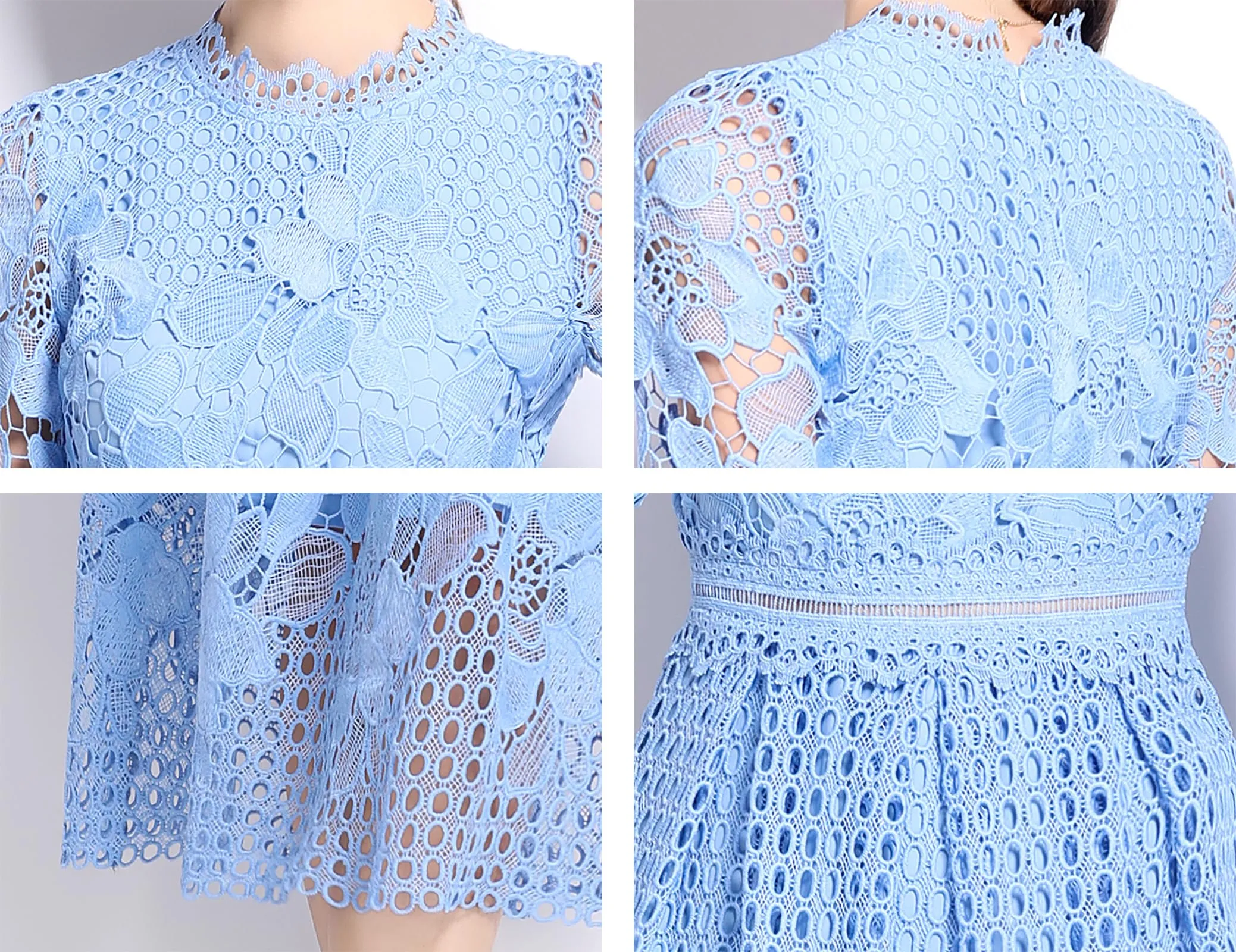 BK-Womens Floral Lace Hollow Crochet Waist Cocktail Dress
