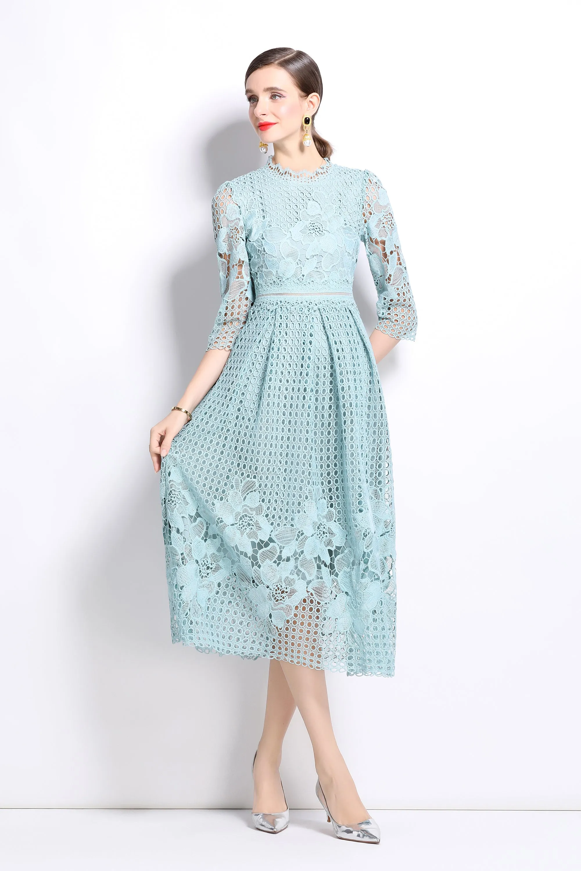 BK-Womens Floral Lace Hollow Crochet Waist Cocktail Dress