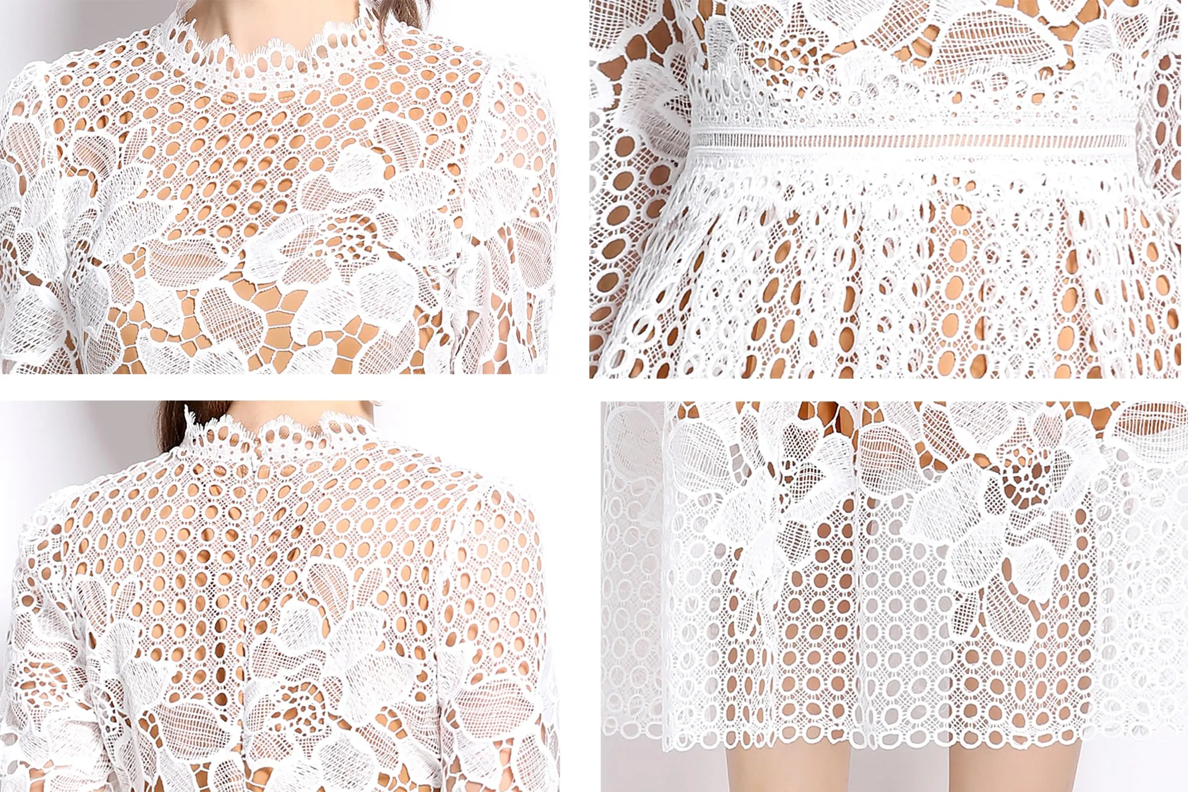BK-Womens Floral Lace Hollow Crochet Waist Cocktail Dress