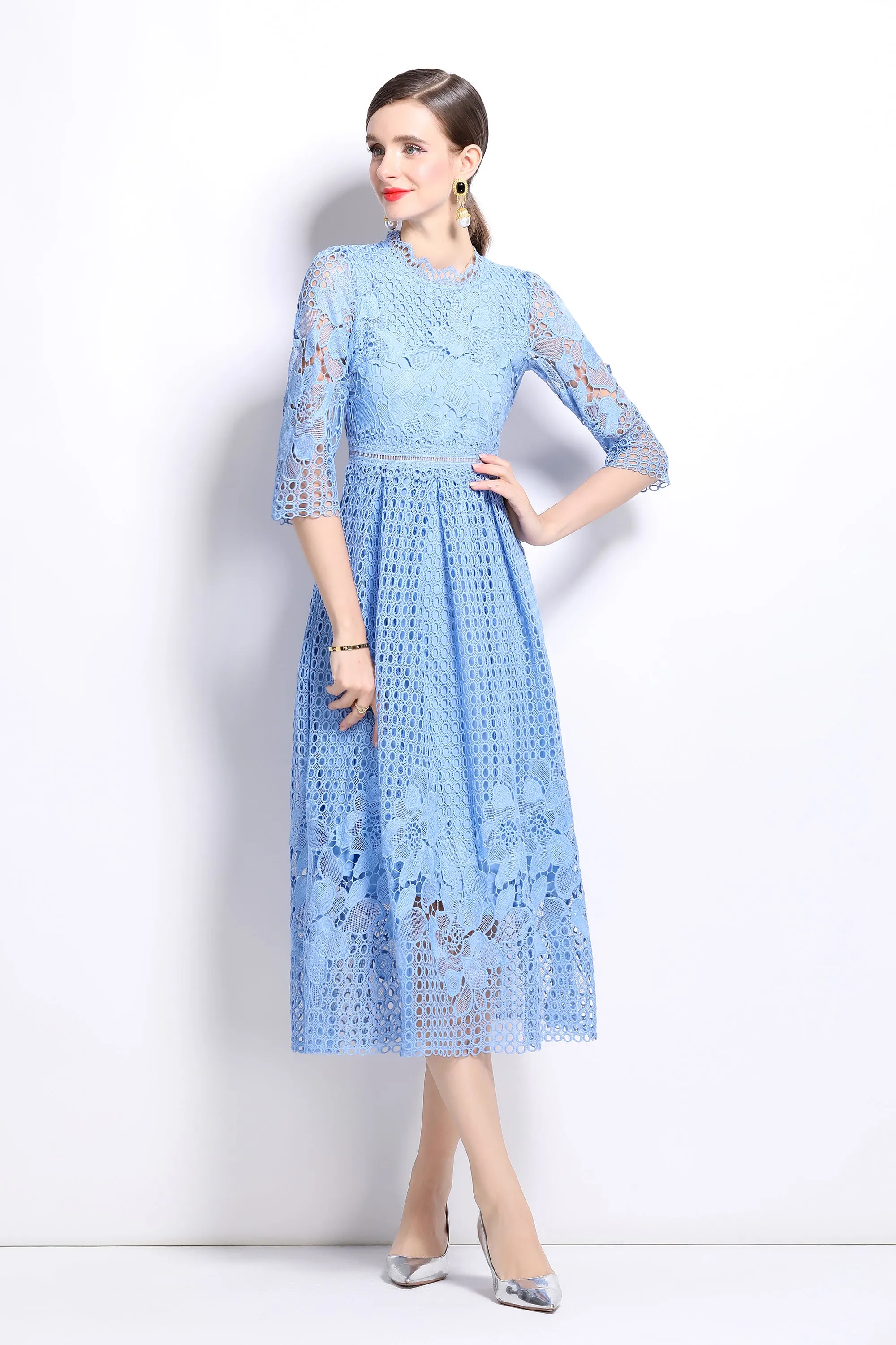 BK-Womens Floral Lace Hollow Crochet Waist Cocktail Dress