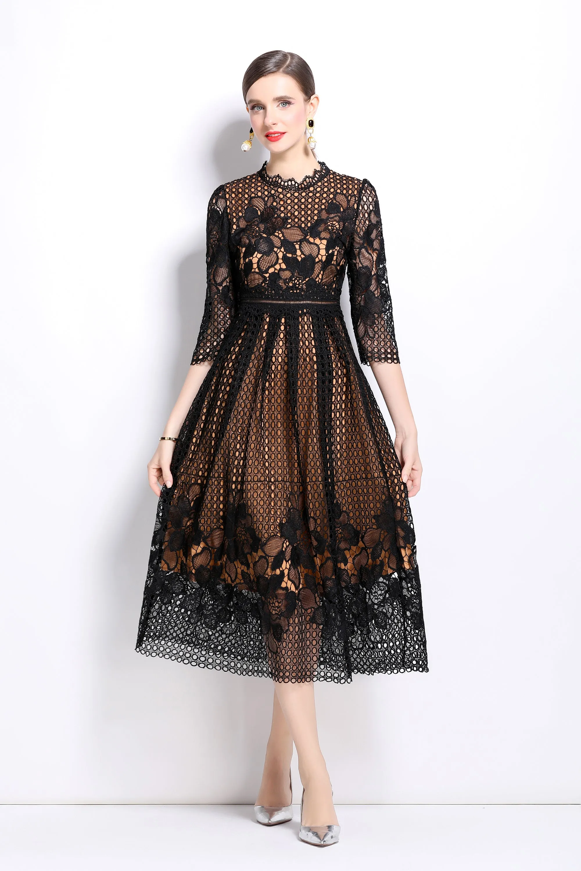 BK-Womens Floral Lace Hollow Crochet Waist Cocktail Dress