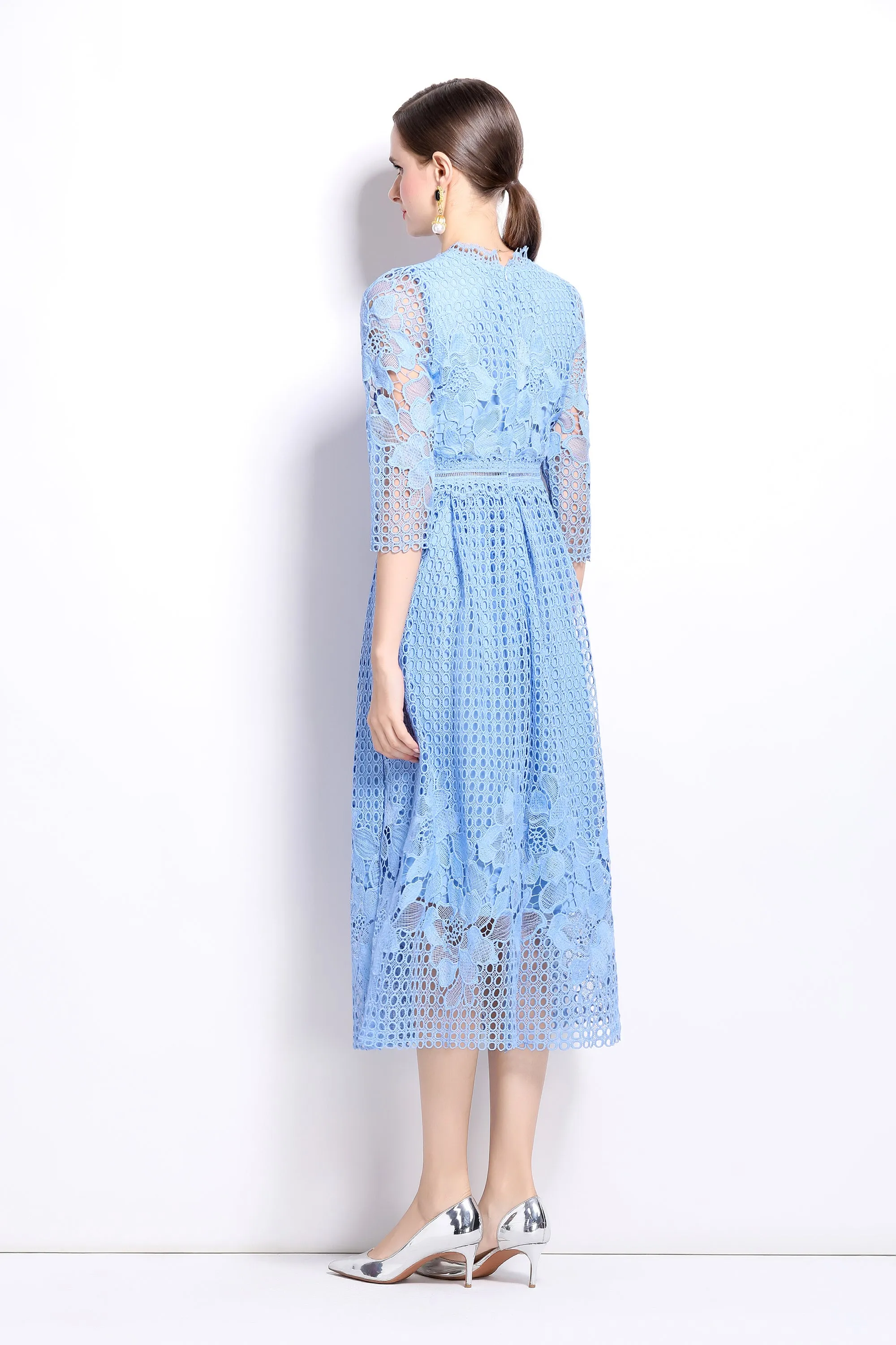 BK-Womens Floral Lace Hollow Crochet Waist Cocktail Dress