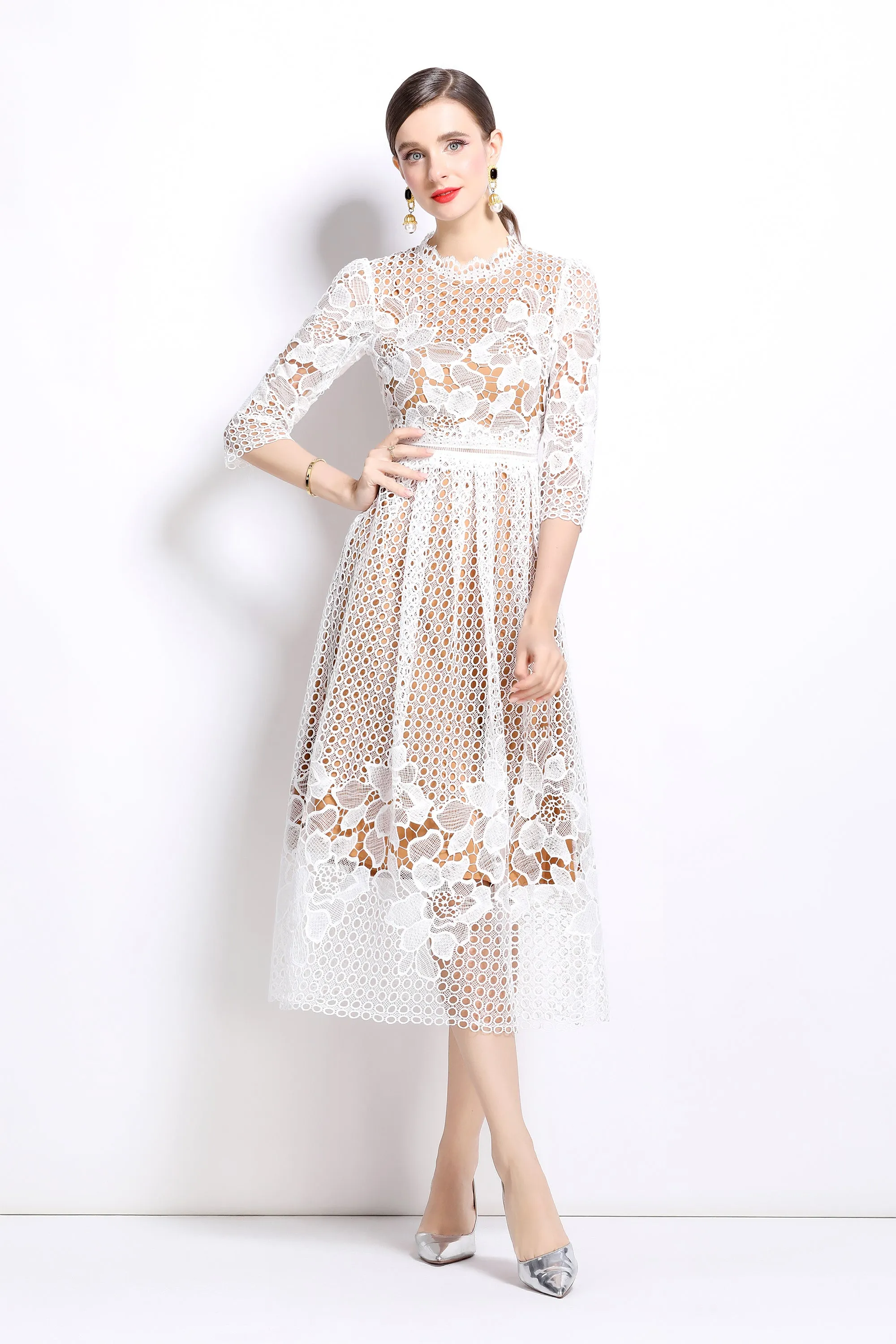 BK-Womens Floral Lace Hollow Crochet Waist Cocktail Dress