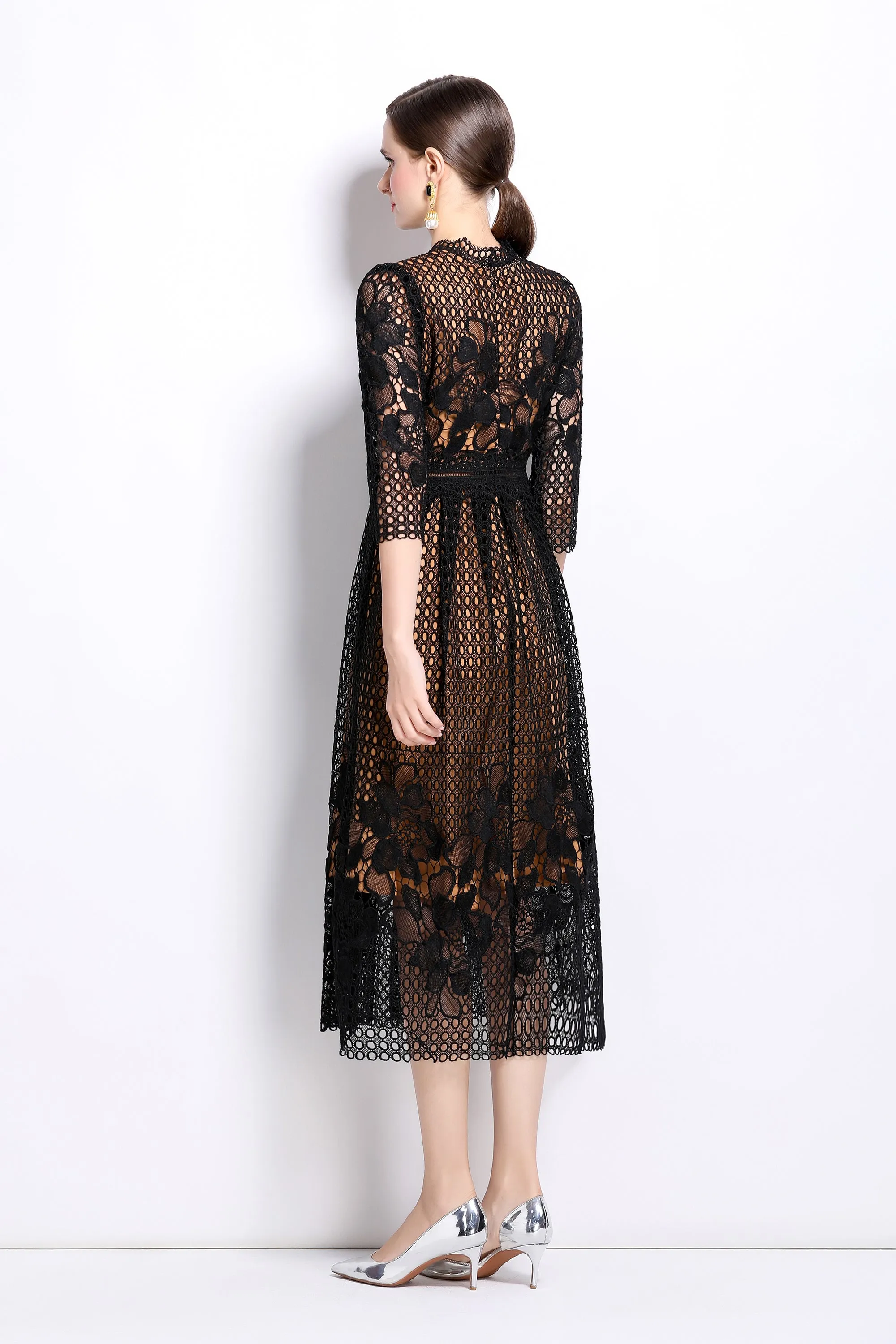 BK-Womens Floral Lace Hollow Crochet Waist Cocktail Dress