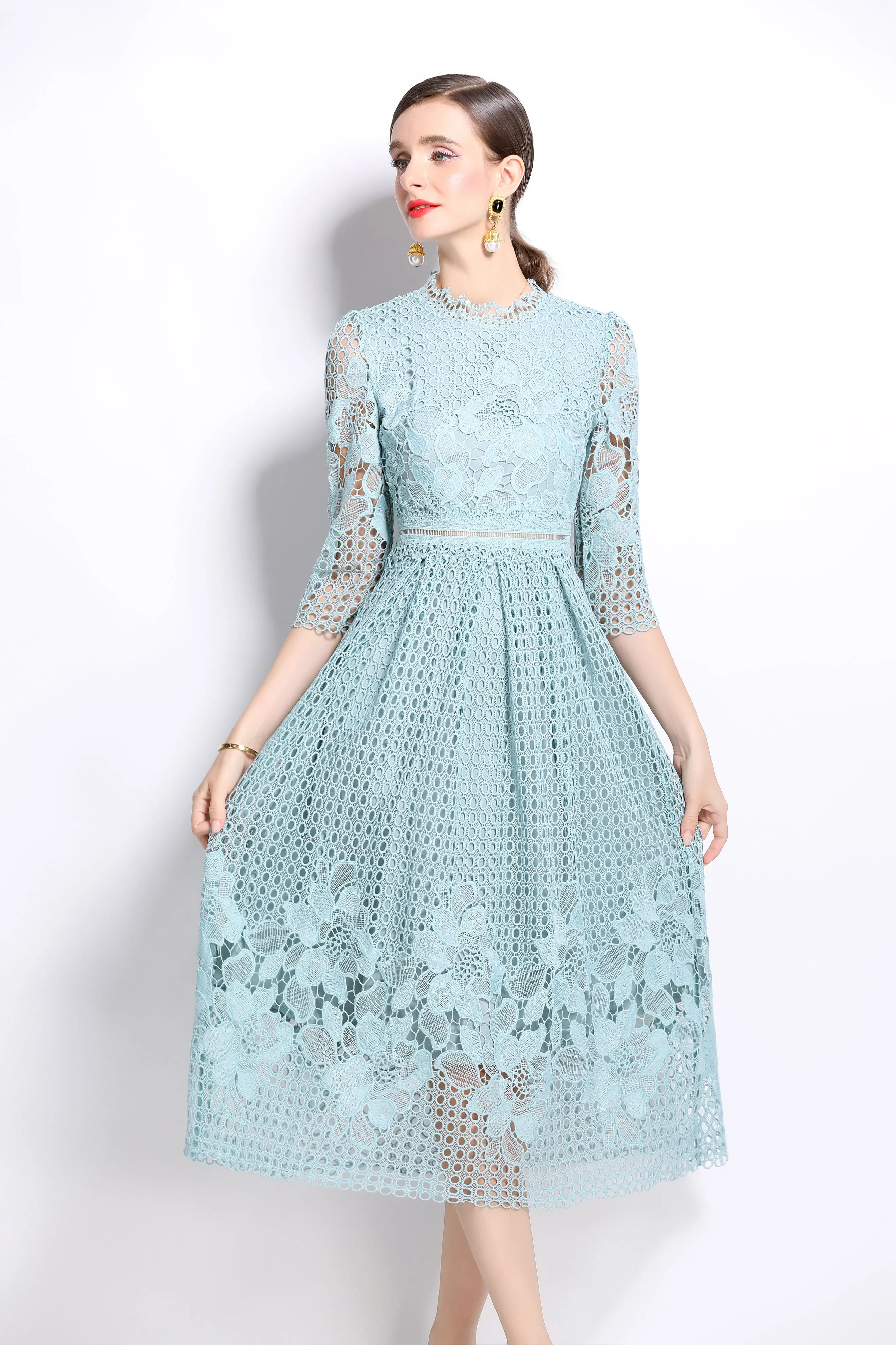 BK-Womens Floral Lace Hollow Crochet Waist Cocktail Dress