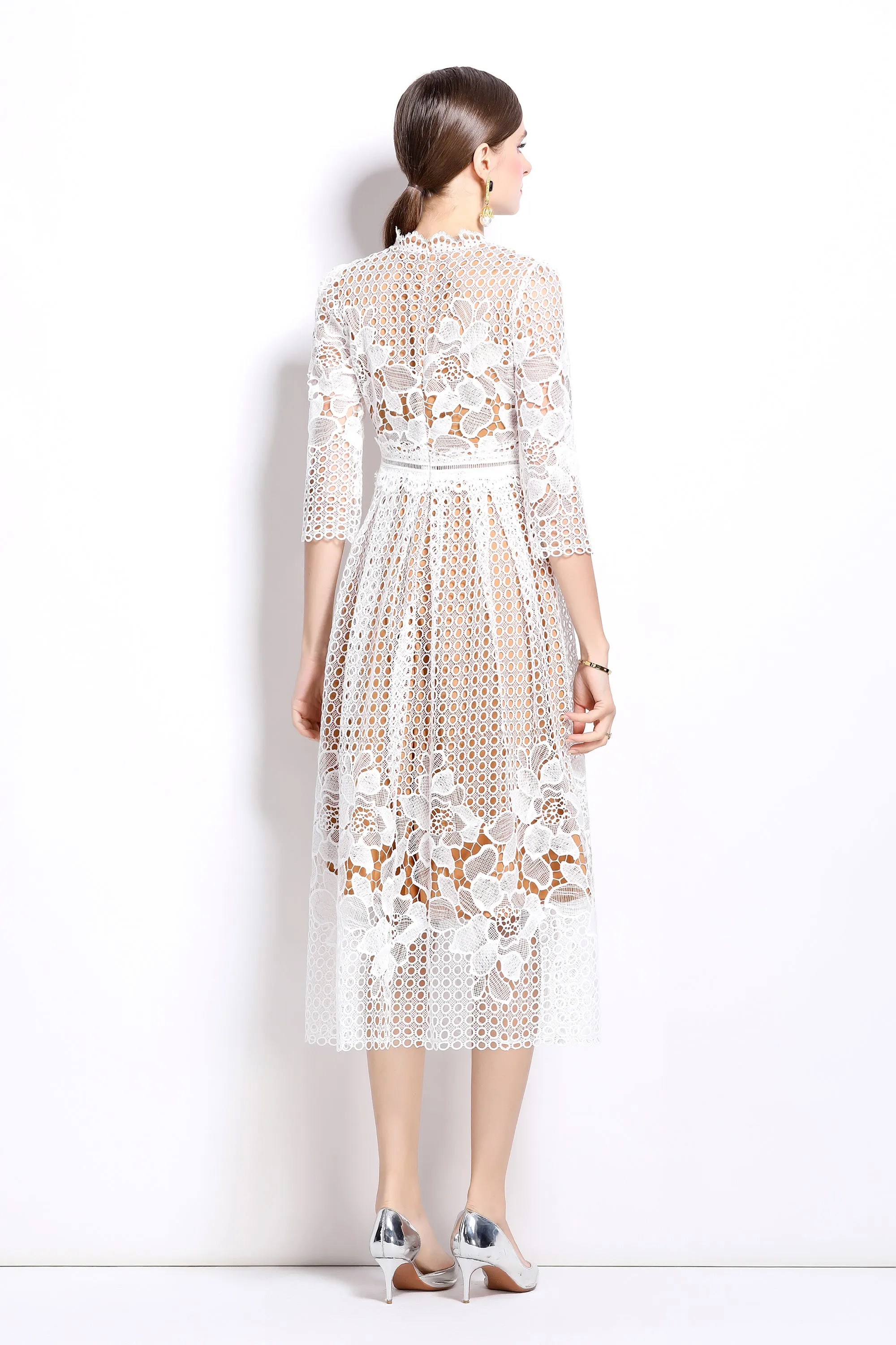 BK-Womens Floral Lace Hollow Crochet Waist Cocktail Dress