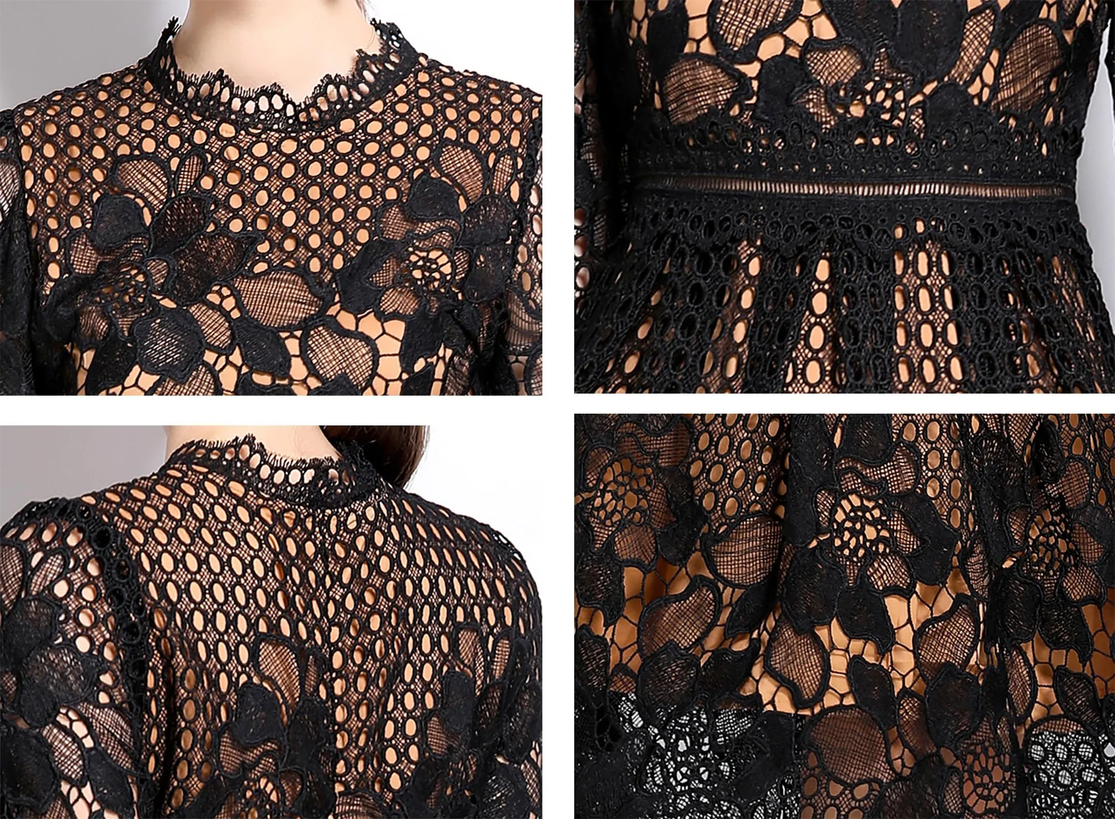 BK-Womens Floral Lace Hollow Crochet Waist Cocktail Dress