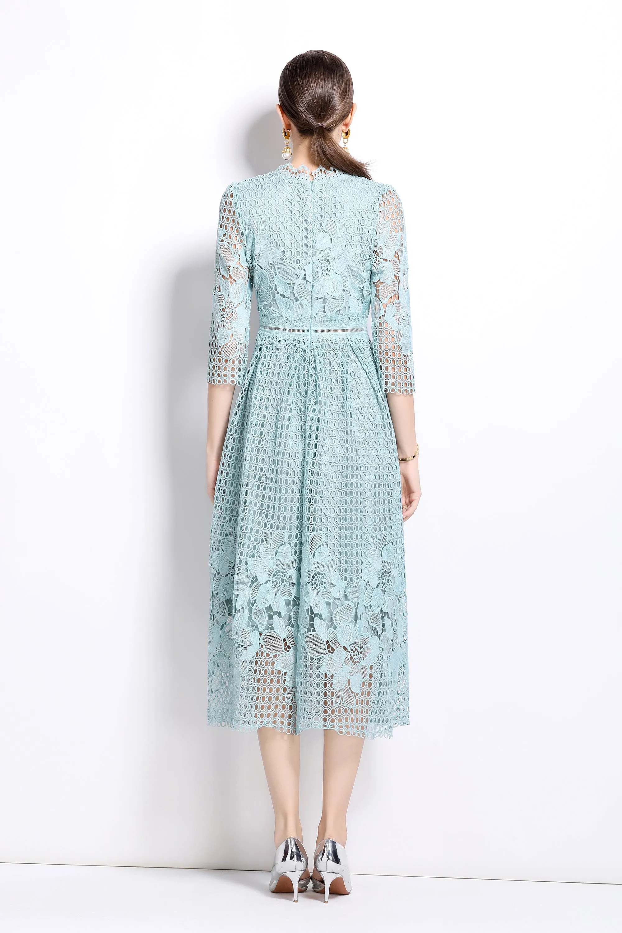 BK-Womens Floral Lace Hollow Crochet Waist Cocktail Dress