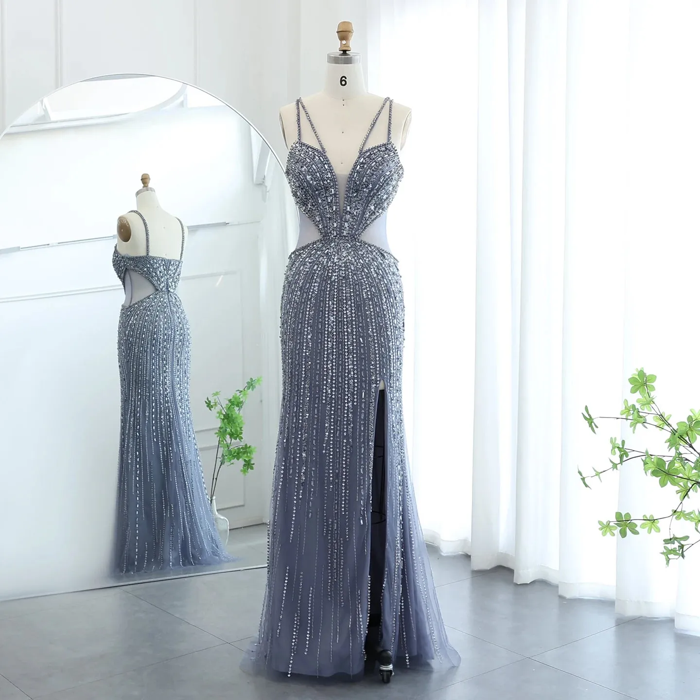 Blue Mermaid Evening Gown with High Slit
