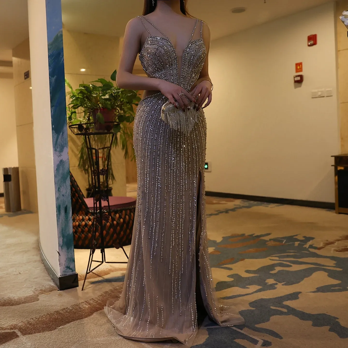 Blue Mermaid Evening Gown with High Slit