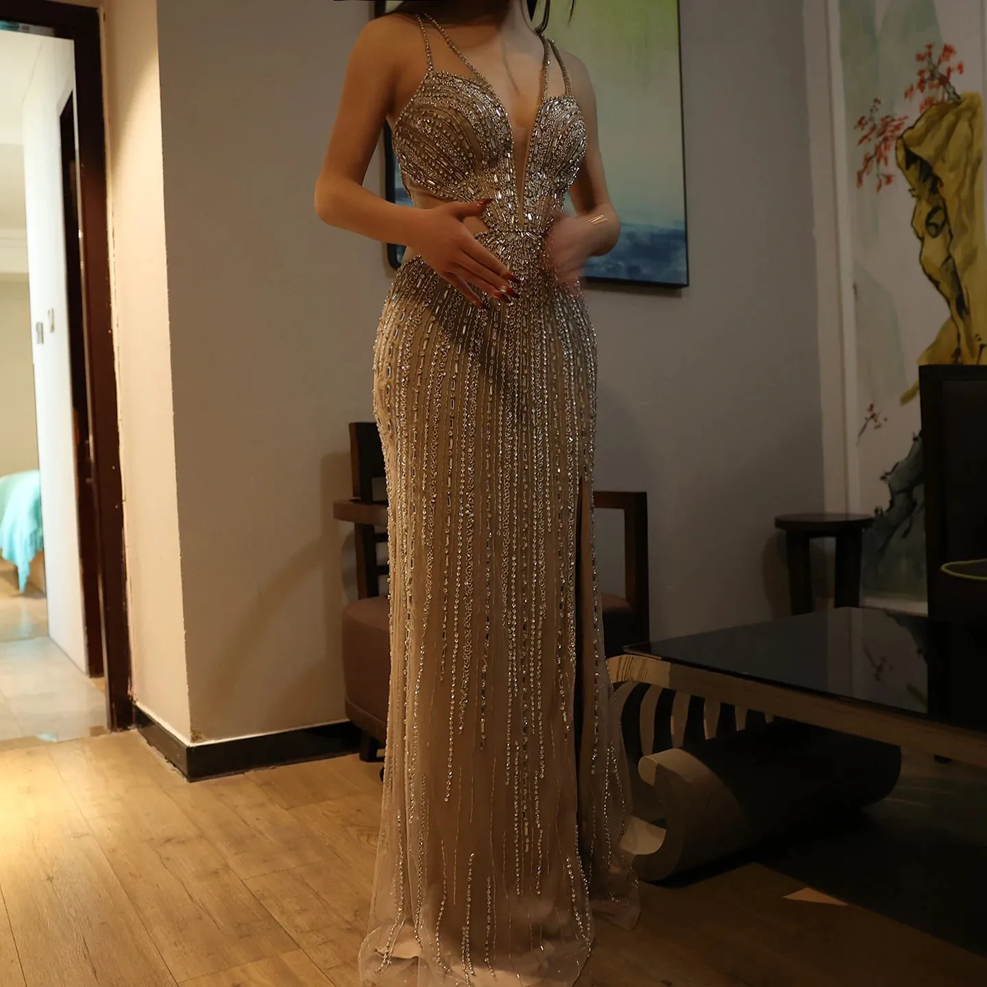 Blue Mermaid Evening Gown with High Slit