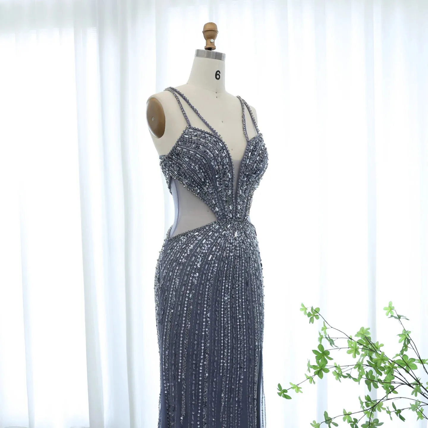 Blue Mermaid Evening Gown with High Slit