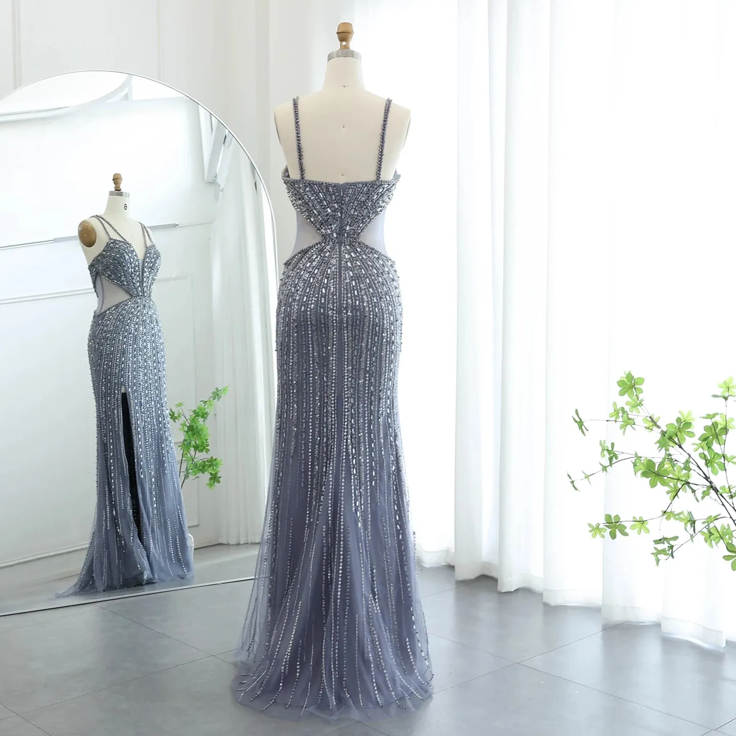 Blue Mermaid Evening Gown with High Slit