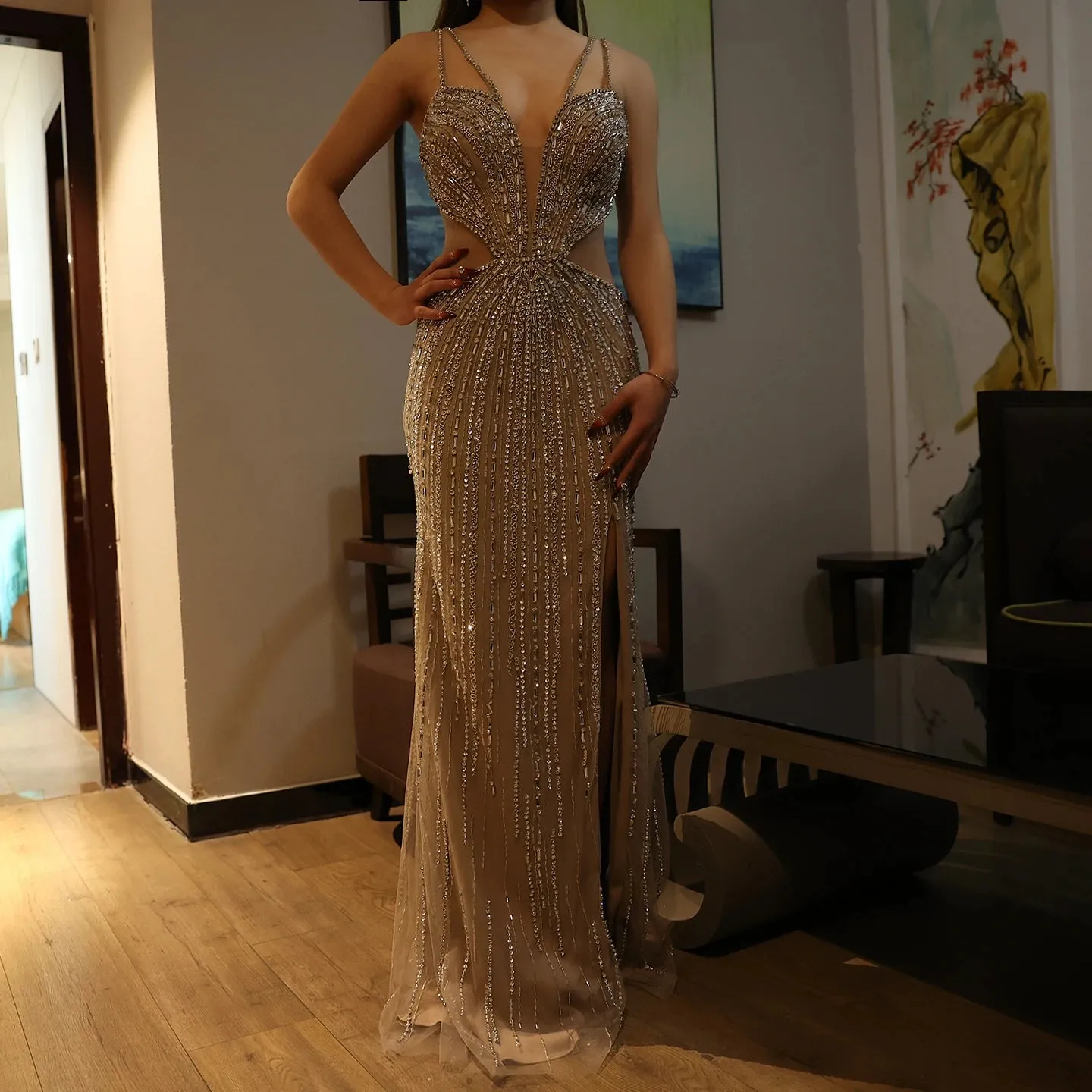 Blue Mermaid Evening Gown with High Slit
