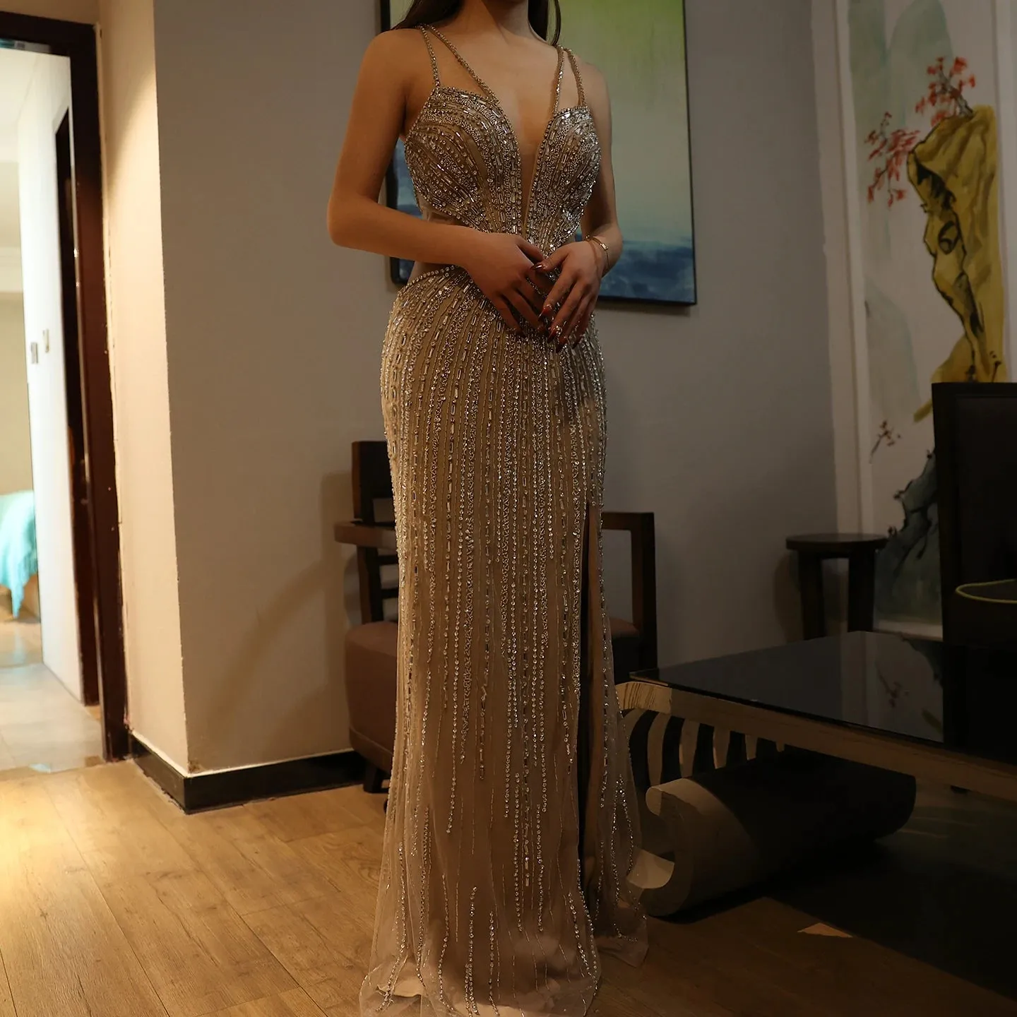 Blue Mermaid Evening Gown with High Slit