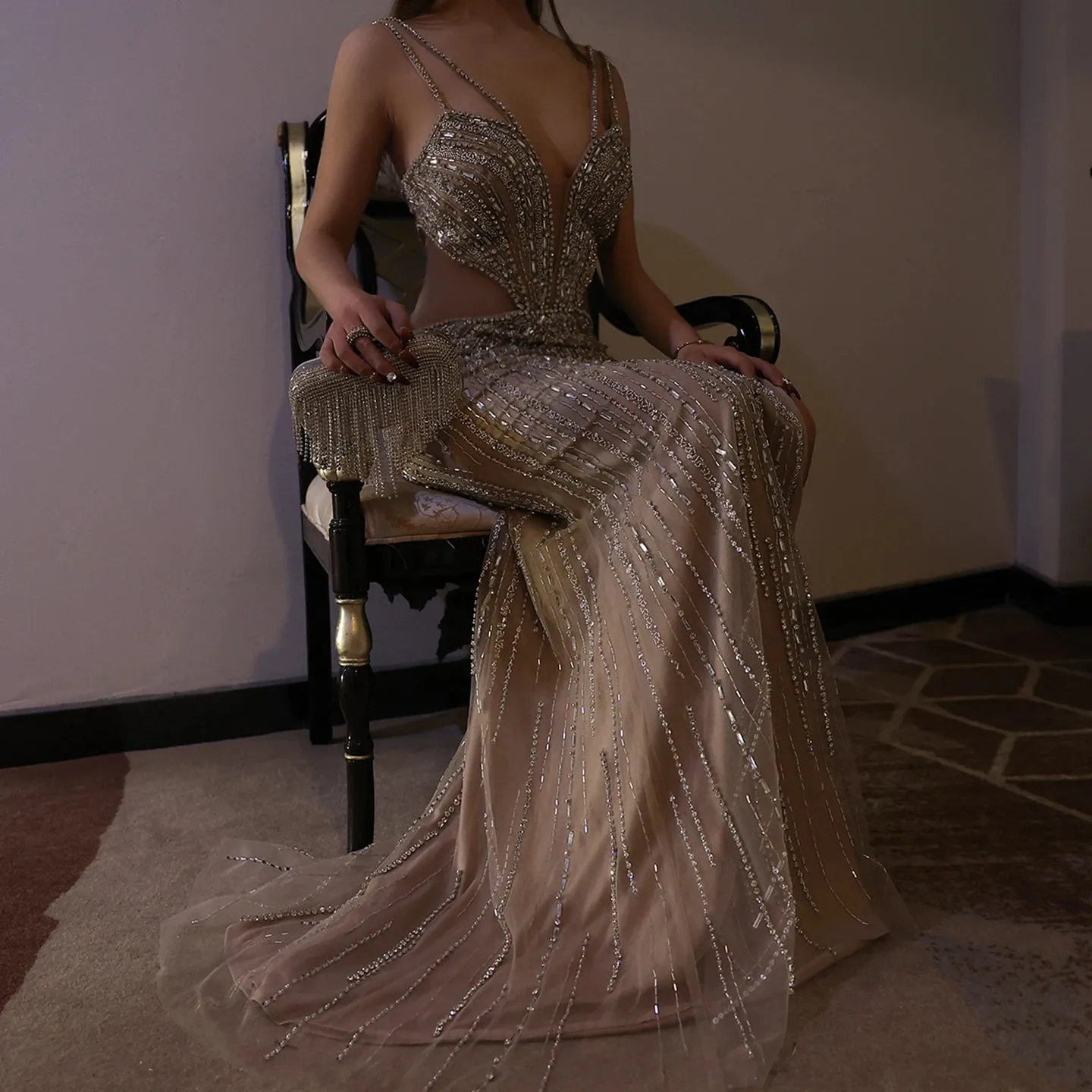 Blue Mermaid Evening Gown with High Slit