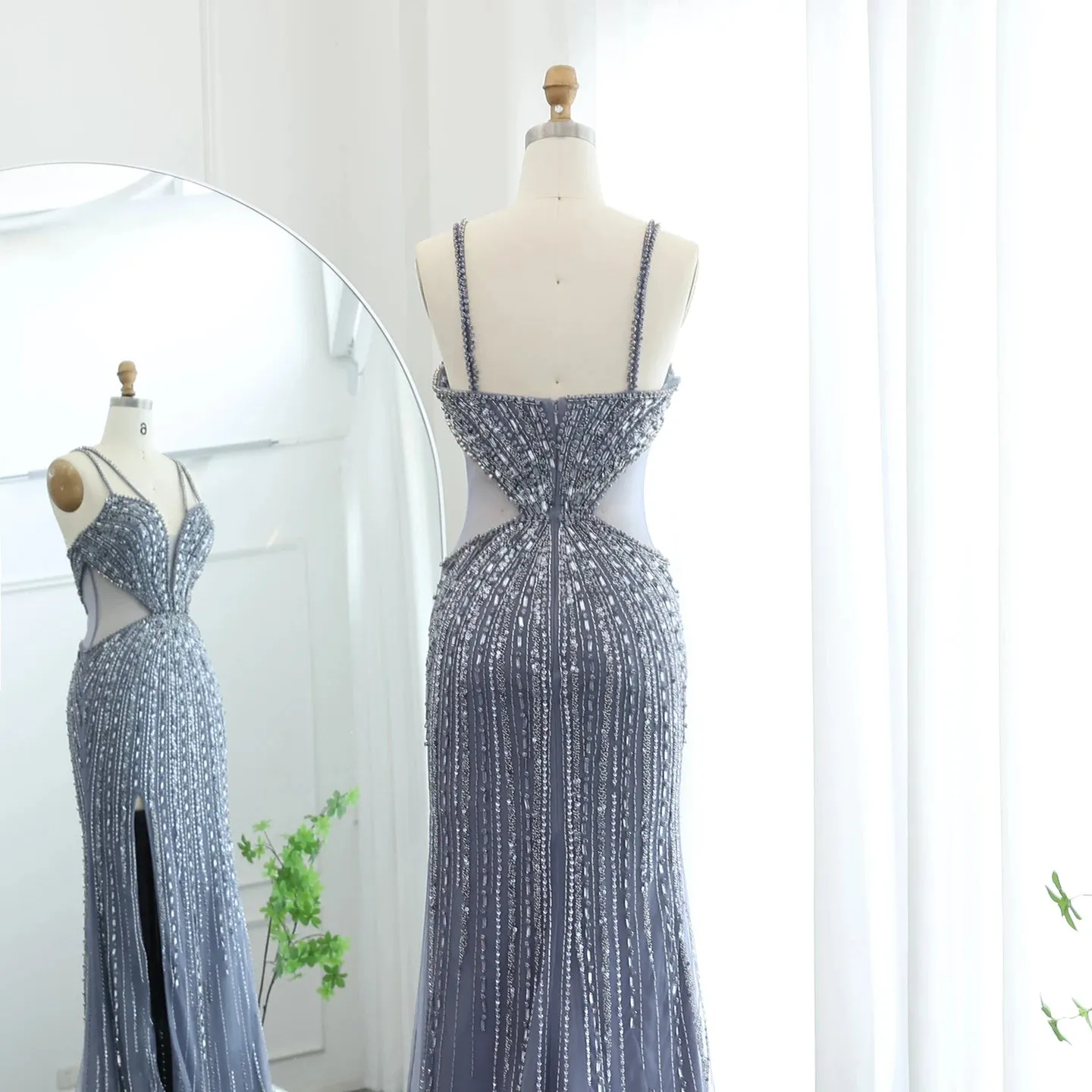 Blue Mermaid Evening Gown with High Slit