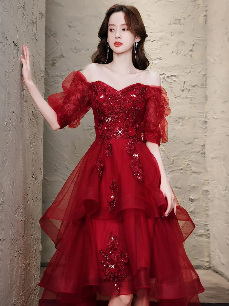 Burgundy High Low Tulle Lace Prom Dress, Burgundy Homecoming Dresses