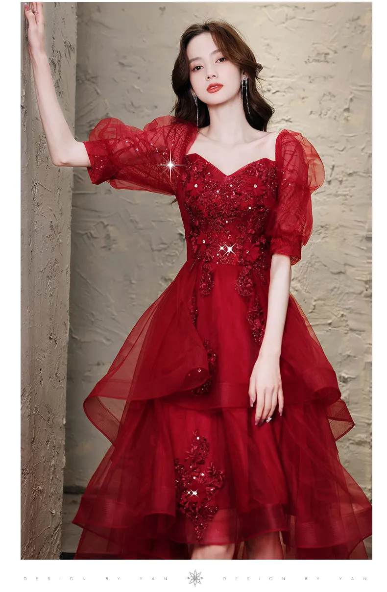 Burgundy High Low Tulle Lace Prom Dress, Burgundy Homecoming Dresses